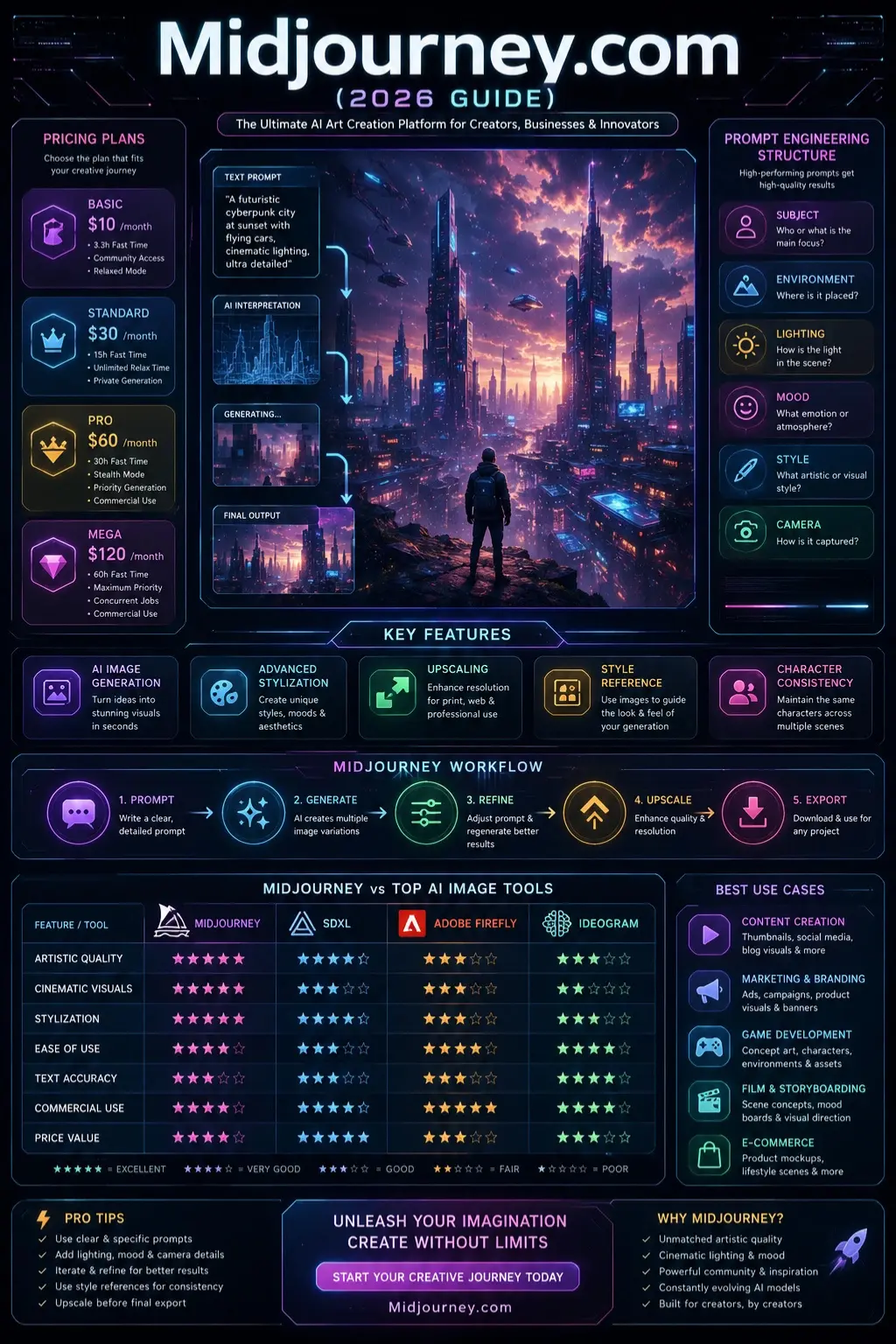 Midjourney.com 2026 guide infographic showing AI image generation workflow, pricing plans, prompting structure, features, and comparison with other AI art tools in a futuristic UI design.
