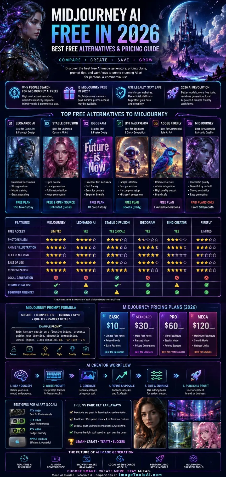 Midjourney AI free 2026 infographic comparing Midjourney, Stable Diffusion, Leonardo AI, Ideogram, DALL·E, and Adobe Firefly pricing, features, prompts, and free AI image generation tools.