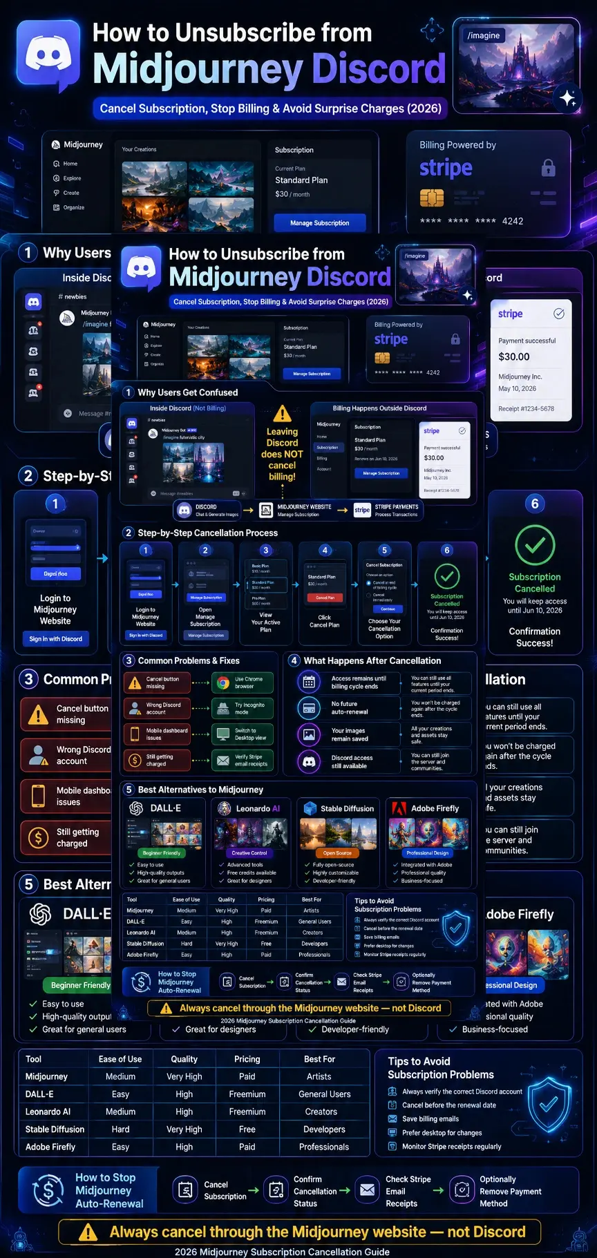 Step-by-step infographic showing how to unsubscribe from Midjourney Discord in 2026, including cancellation steps, access to the billing dashboard, Stripe payments, and safely stopping auto-renewal.