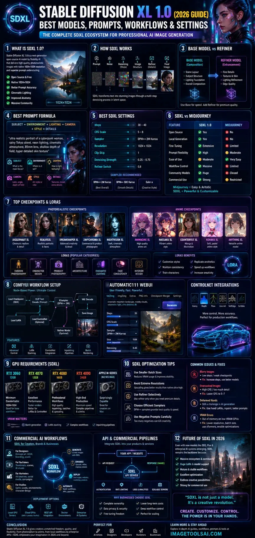 Stable Diffusion XL 1.0 infographic showing SDXL workflows, ComfyUI pipelines, prompt engineering, best checkpoints, LoRAs, GPU settings, and AI image generation in 2026.