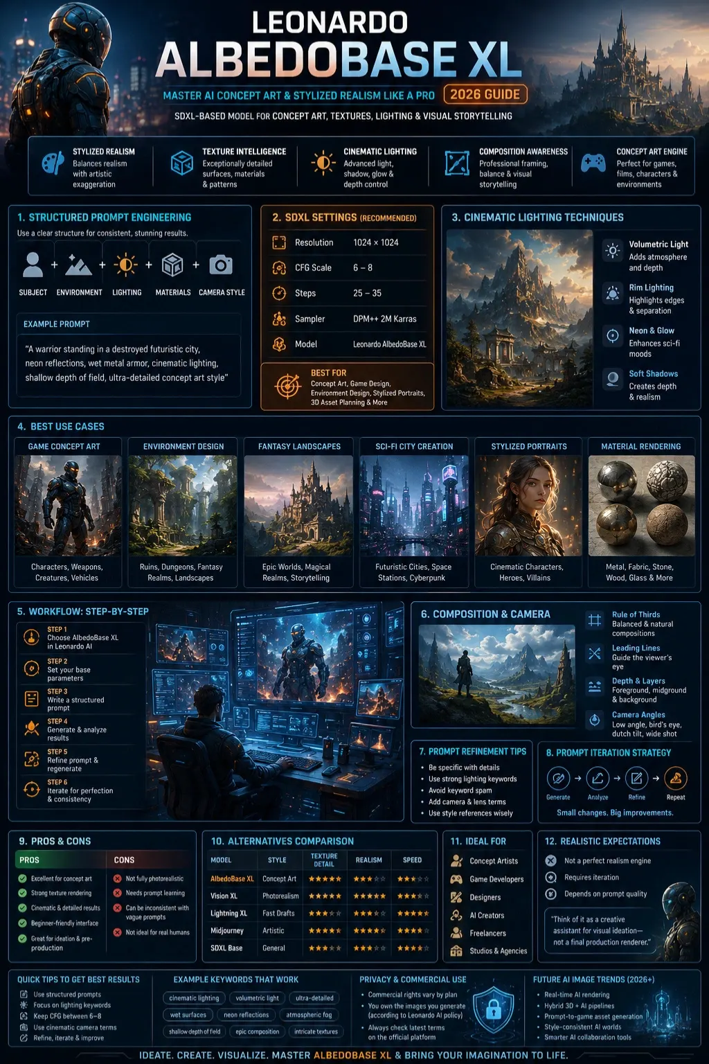 Leonardo AlbedoBase XL 2026 infographic showing AI concept art workflows, cinematic lighting, texture rendering, SDXL settings, and stylized realism techniques.