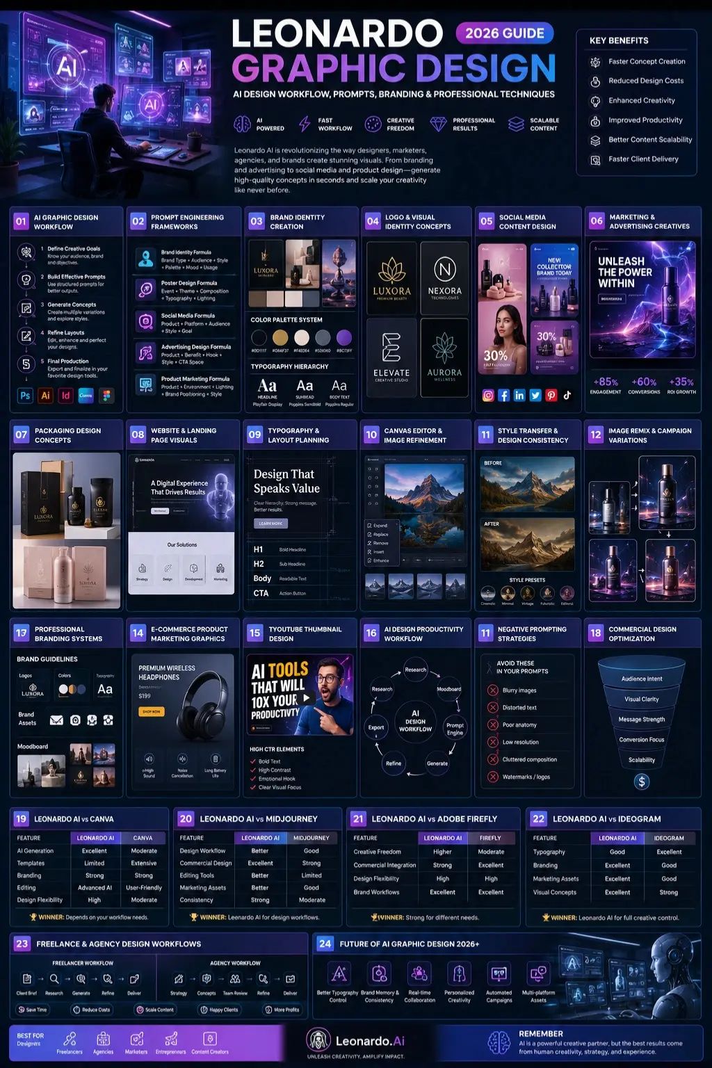 Leonardo Graphic Design infographic showing AI design workflows, branding systems, prompt engineering, marketing creatives, social media graphics, and professional design techniques in 2026.