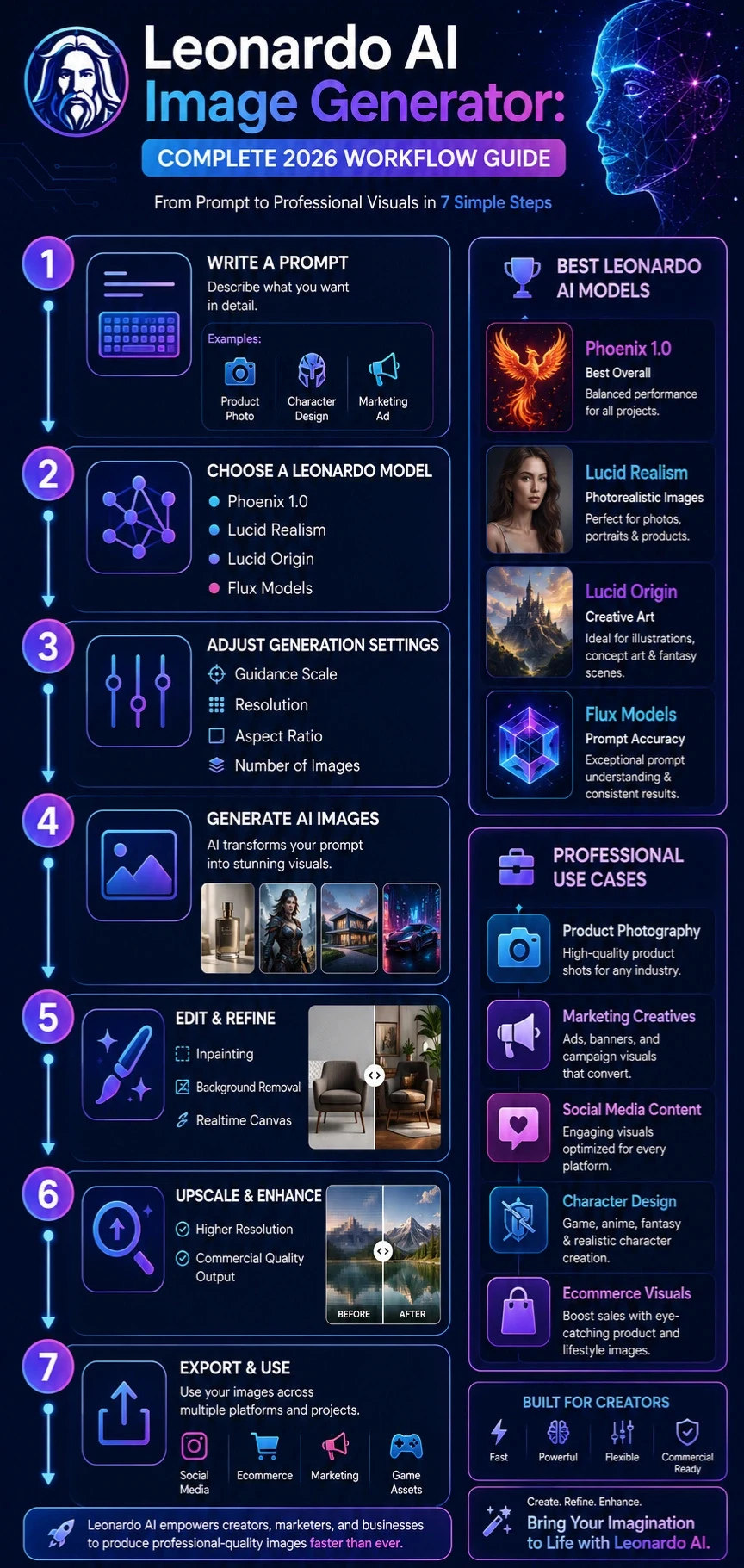 Leonardo AI Image Generator workflow infographic showing prompt creation, model selection, image generation, editing, upscaling, and the professional AI image creation process in 2026.