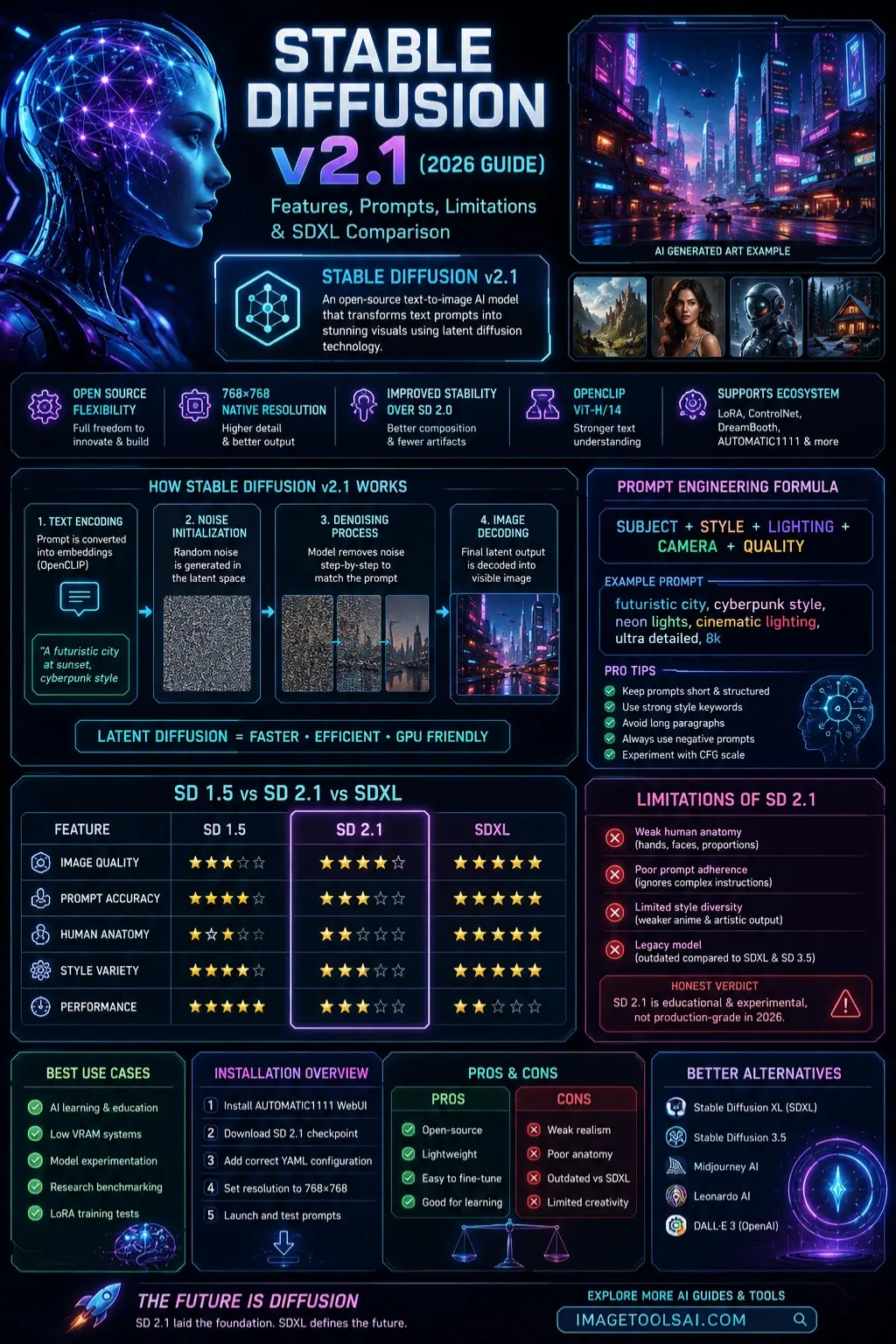 Stable Diffusion v2.1 2026 infographic showing features, prompt workflow, diffusion process, and SDXL comparison in a futuristic AI design dashboard