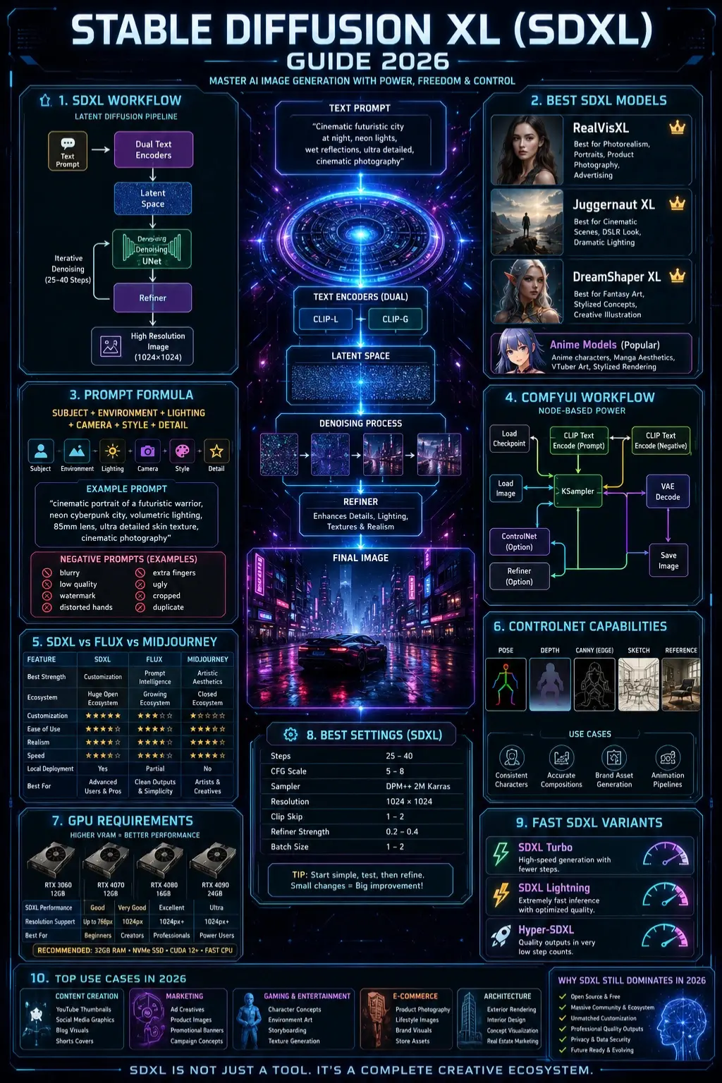 Stable Diffusion XL (SDXL) 2026 infographic showing AI image generation workflow, best models, ComfyUI setup, prompts, GPU requirements, and comparisons with Midjourney and Flux for professional AI creators.