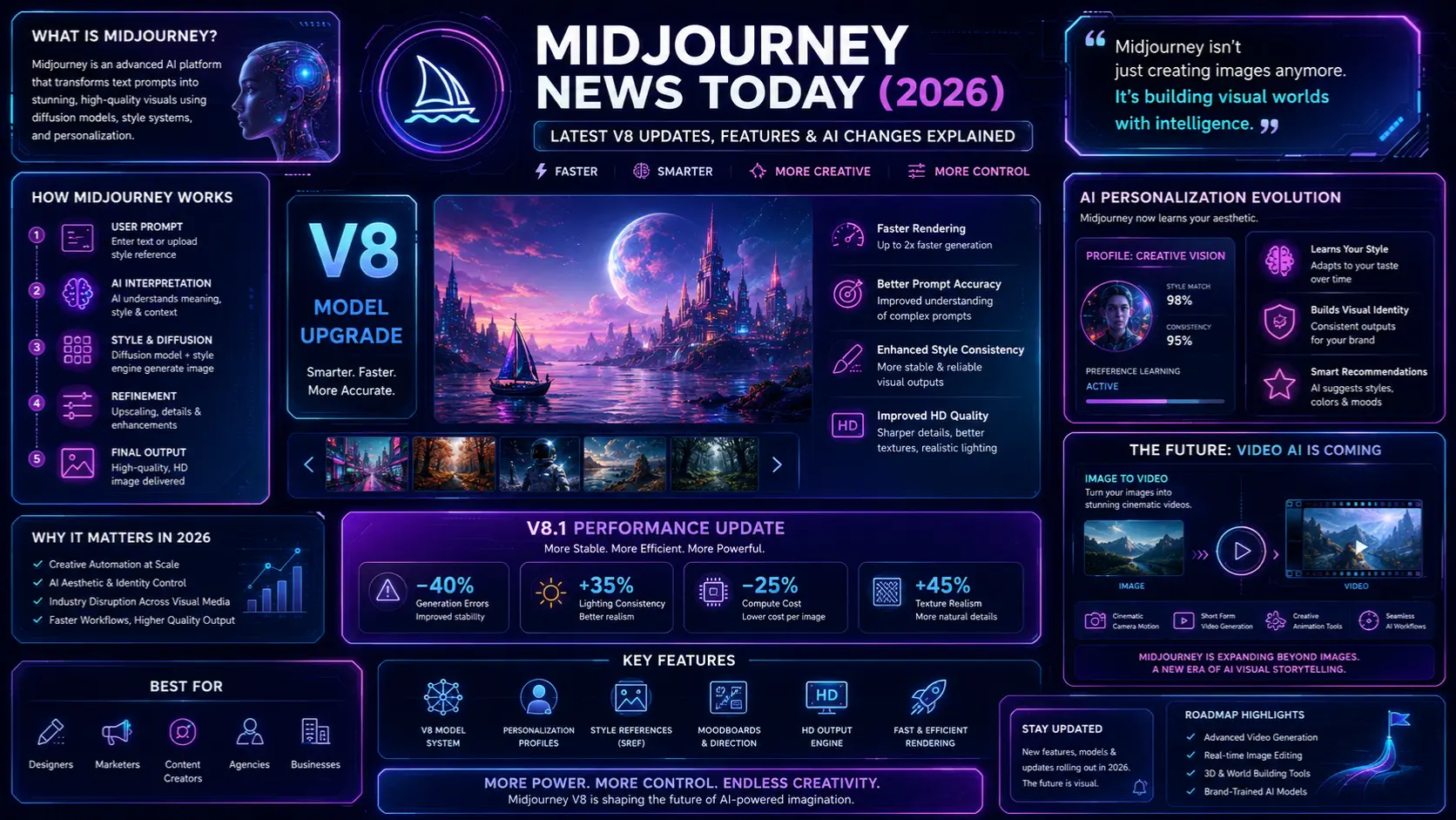“Futuristic Midjourney V8 AI infographic showing 2026 updates, personalization features, HD image generation, and upcoming video AI tools.”