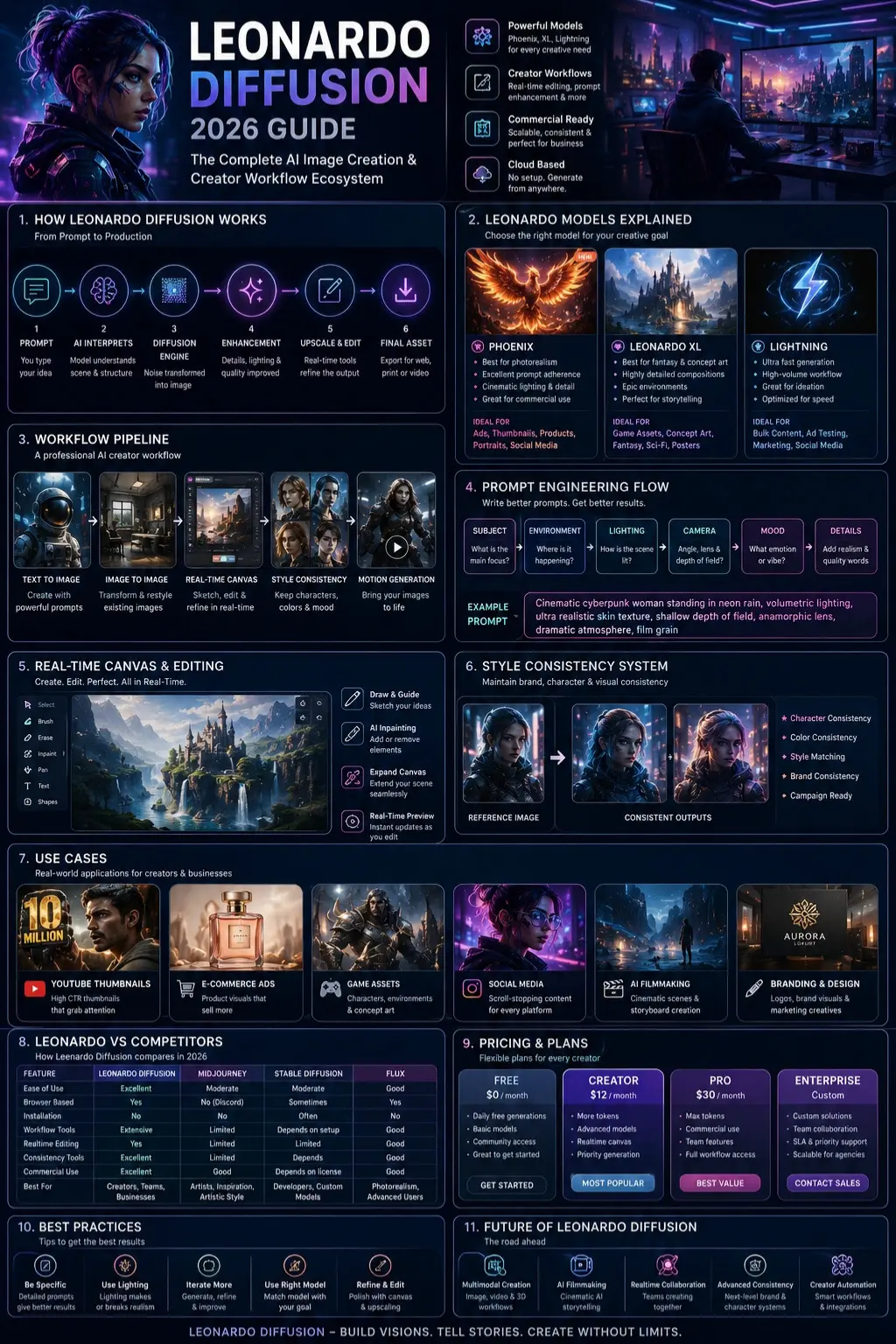 Leonardo Diffusion 2026 guide infographic showing AI image generation models, workflows, prompt engineering, and cinematic creator tools for YouTube, ecommerce, and branding.