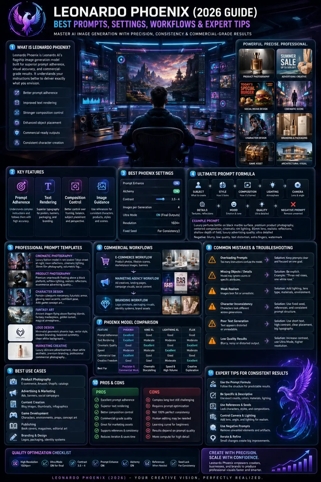 Leonardo Phoenix 2026 infographic showing AI image generation workflows, prompt engineering, recommended settings, commercial use cases, model comparisons, and professional content creation strategies.