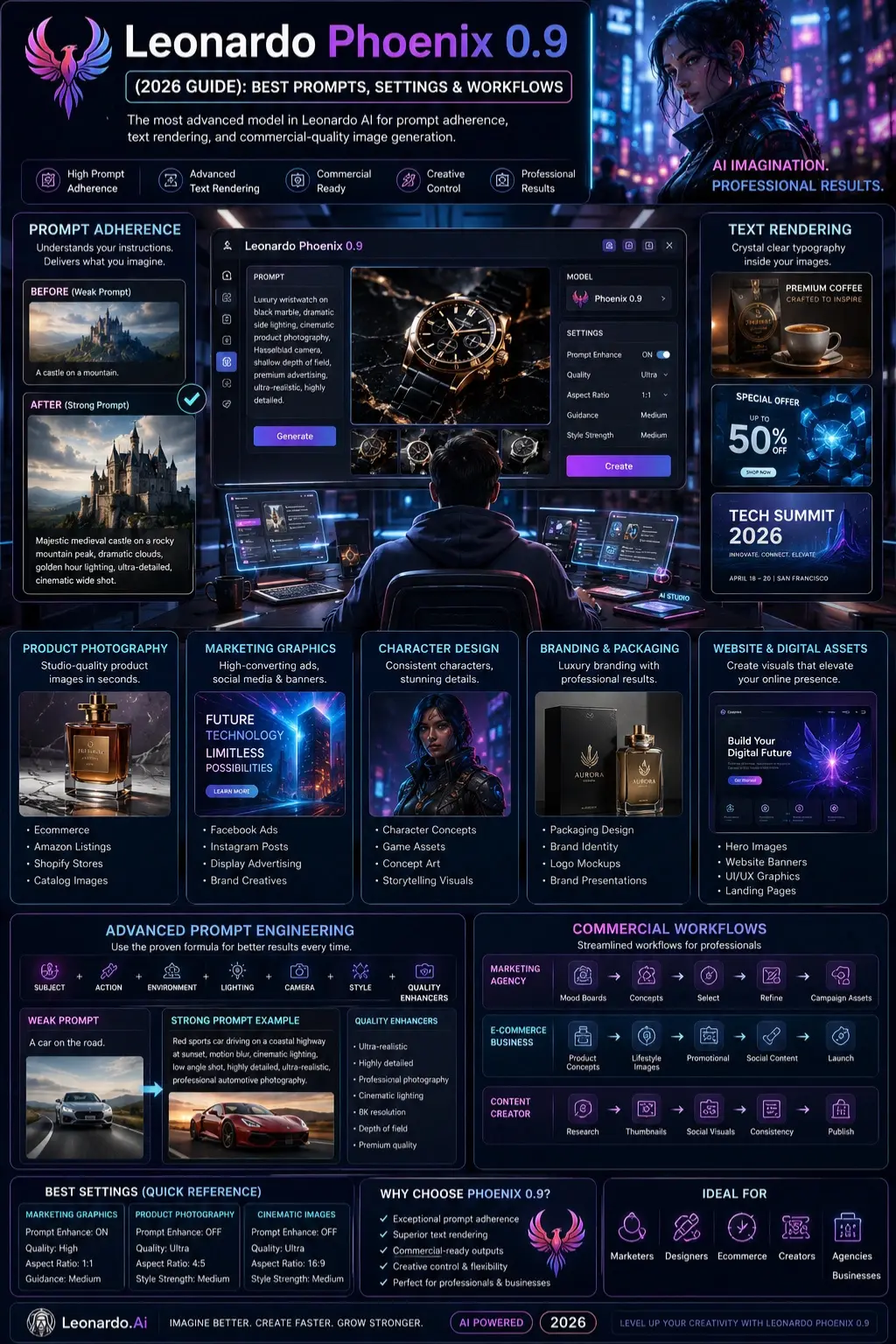 Leonardo Phoenix 0.9 infographic showing AI image generation prompts, settings, workflows, commercial design tools, product photography, and marketing graphics.