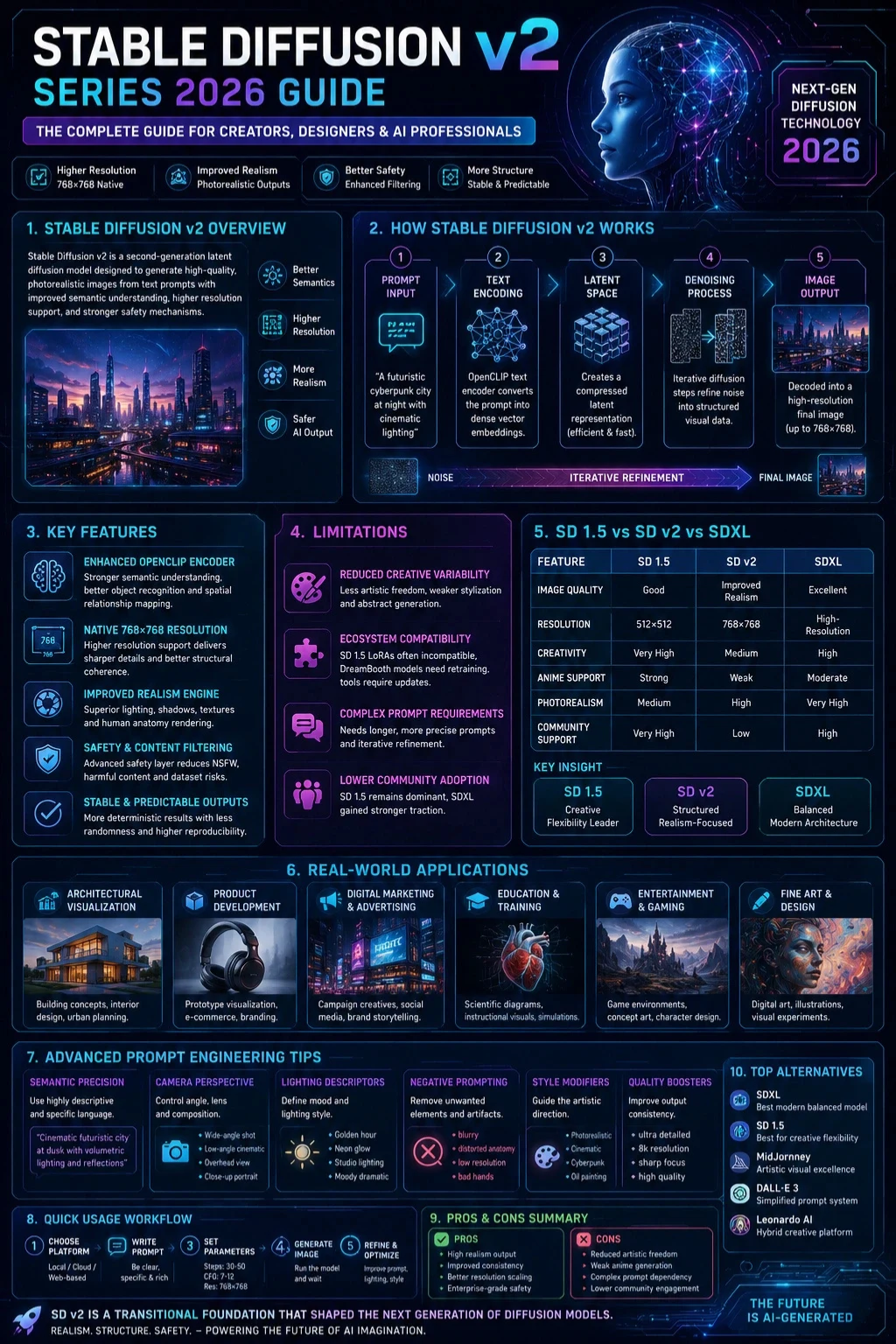 Stable Diffusion v2 Series 2026 infographic showing SDXL comparison, prompt engineering workflow, AI diffusion model architecture, features, limitations, and real-world applications.