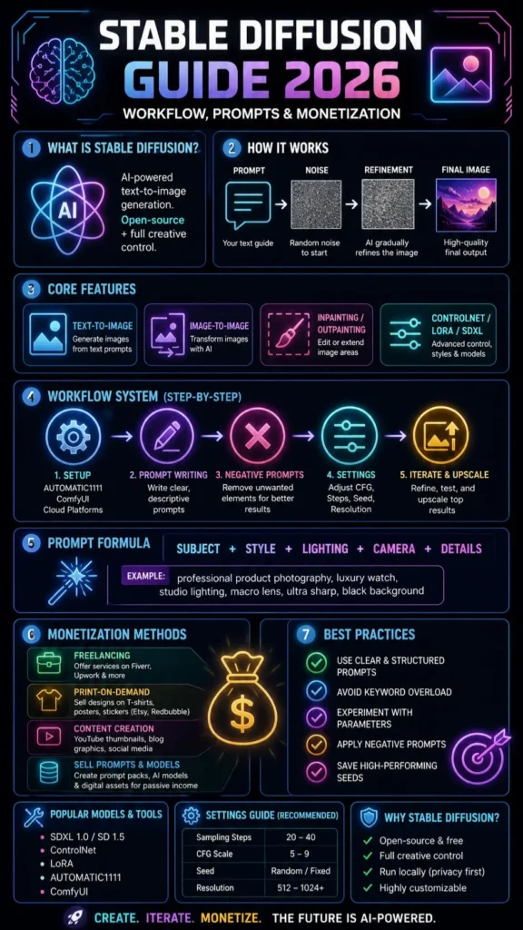  Stable Diffusion Guide 2026 infographic showing workflow, prompt engineering formula, tools, and monetization strategies for AI image generation