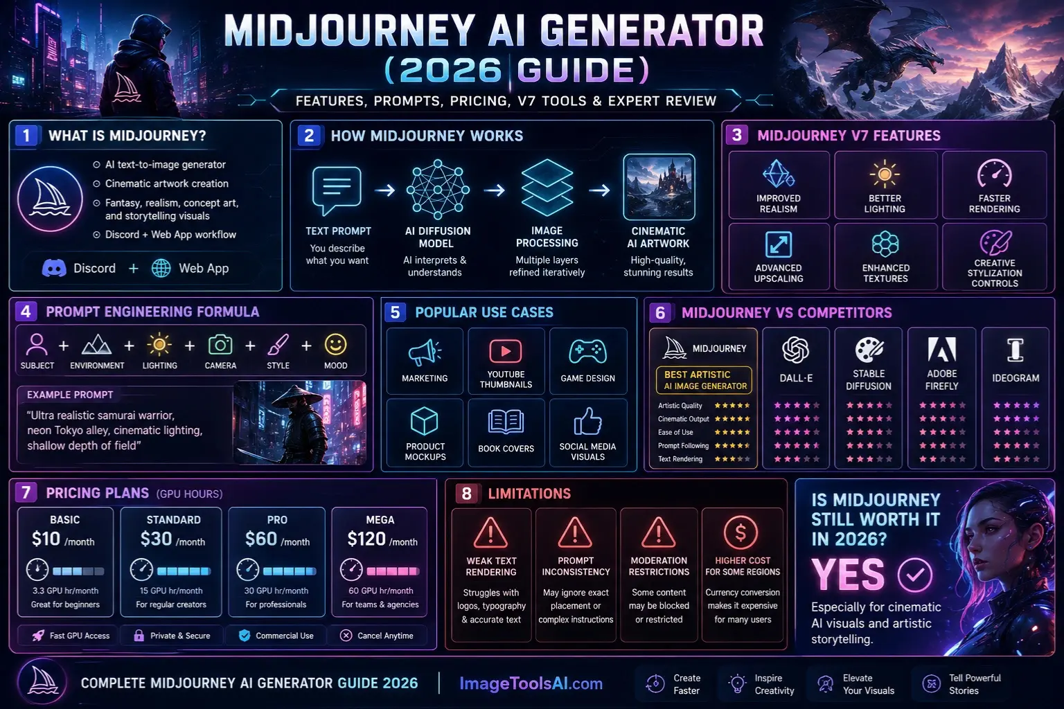 Midjourney AI Generator 2026 infographic showing V7 features, prompt engineering, pricing plans, AI art workflow, business use cases, and competitor comparisons.