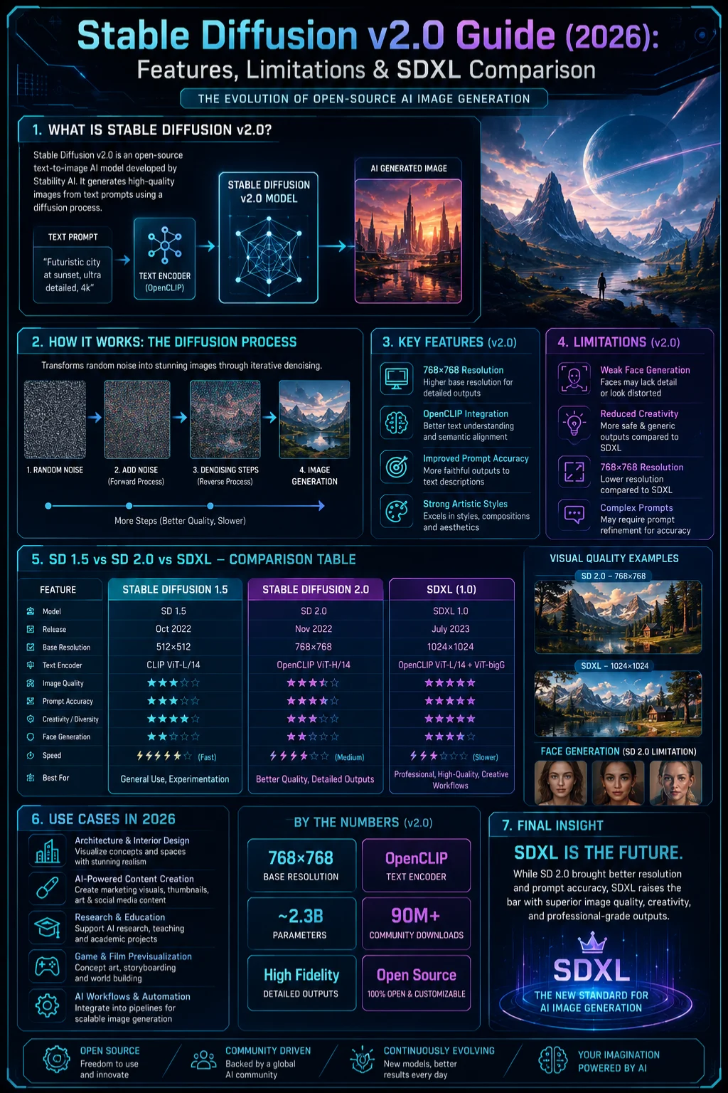 Stable Diffusion v2.0 infographic 2026 showing features, limitations, diffusion process, and comparison with SD 1.5 and SDXL for AI image generation models.