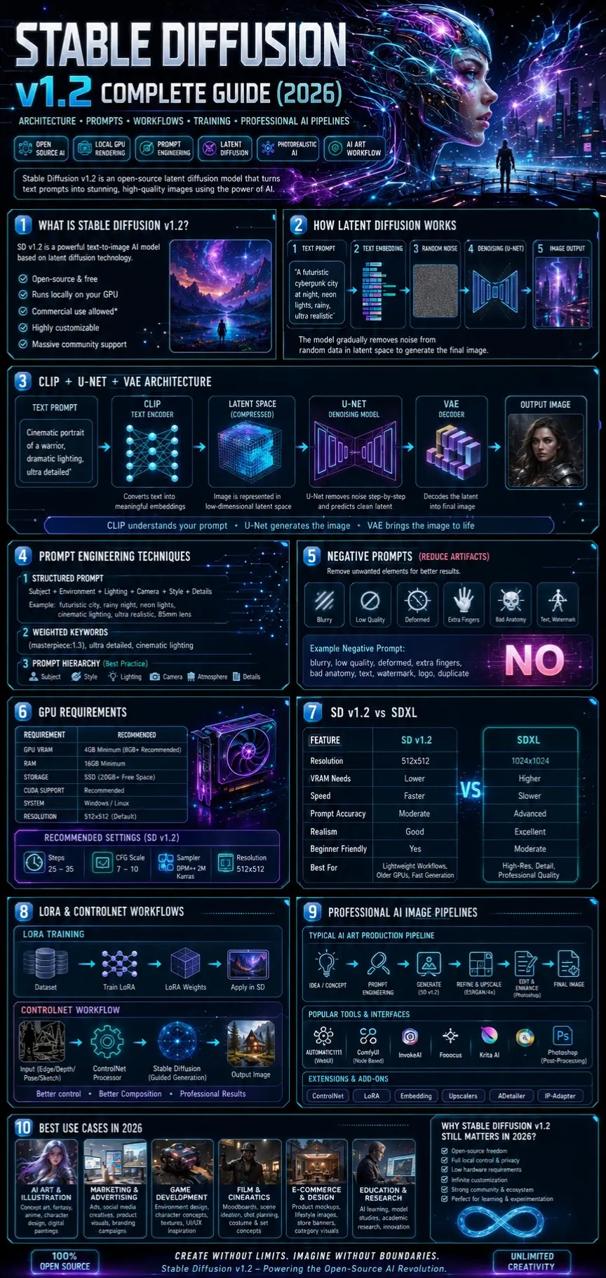 Futuristic Stable Diffusion v1.2 infographic showing latent diffusion architecture, CLIP text encoder, U-Net denoising, prompt engineering workflows, GPU rendering, ControlNet, LoRA training, and AI image generation pipelines in 2026. 