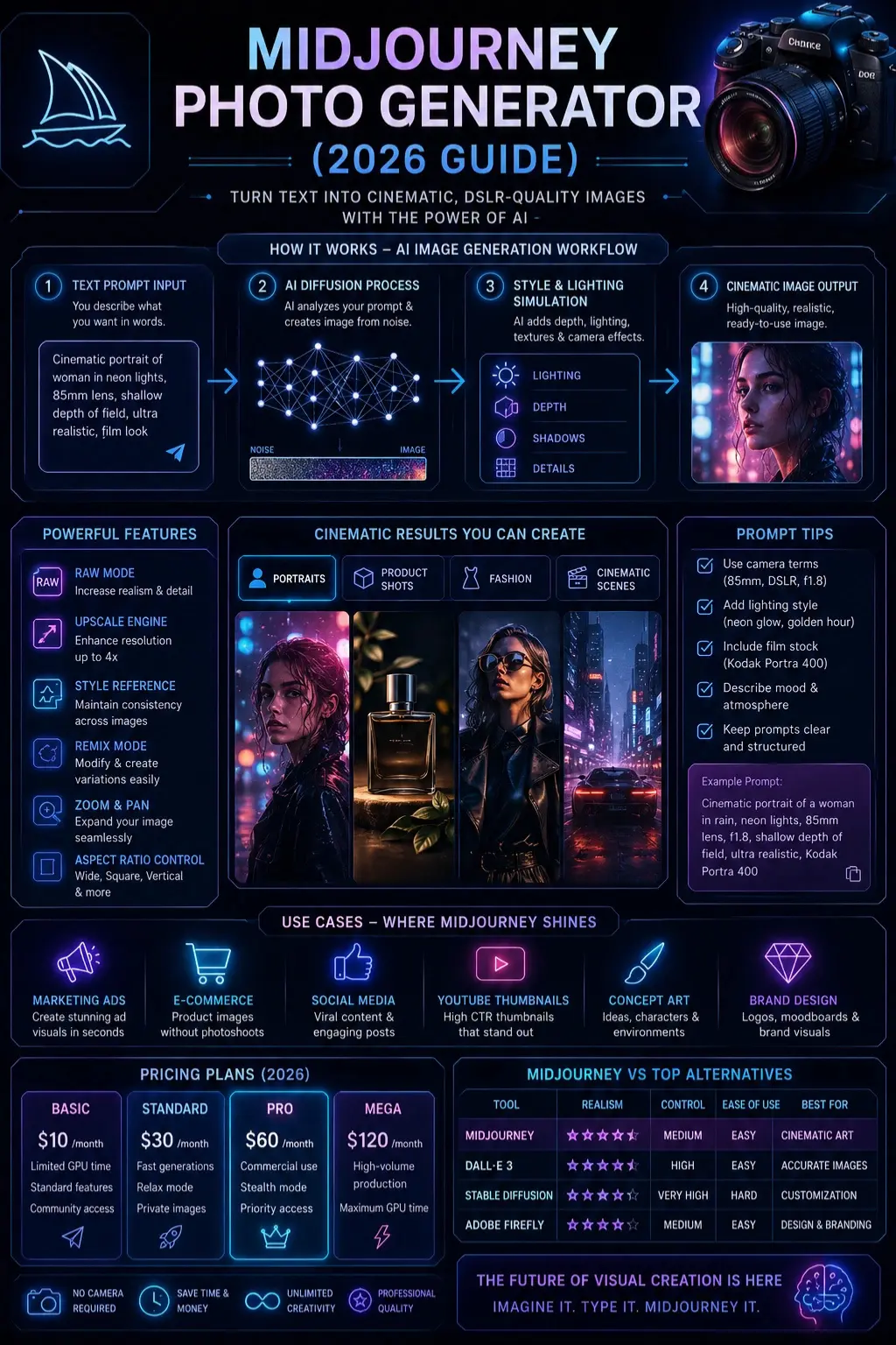 Detailed infographic showing Midjourney Photo Generator 2026 workflow, AI image creation process, cinematic DSLR-style outputs, prompt engineering techniques, and advanced features like RAW mode, upscaling, and style reference tools.