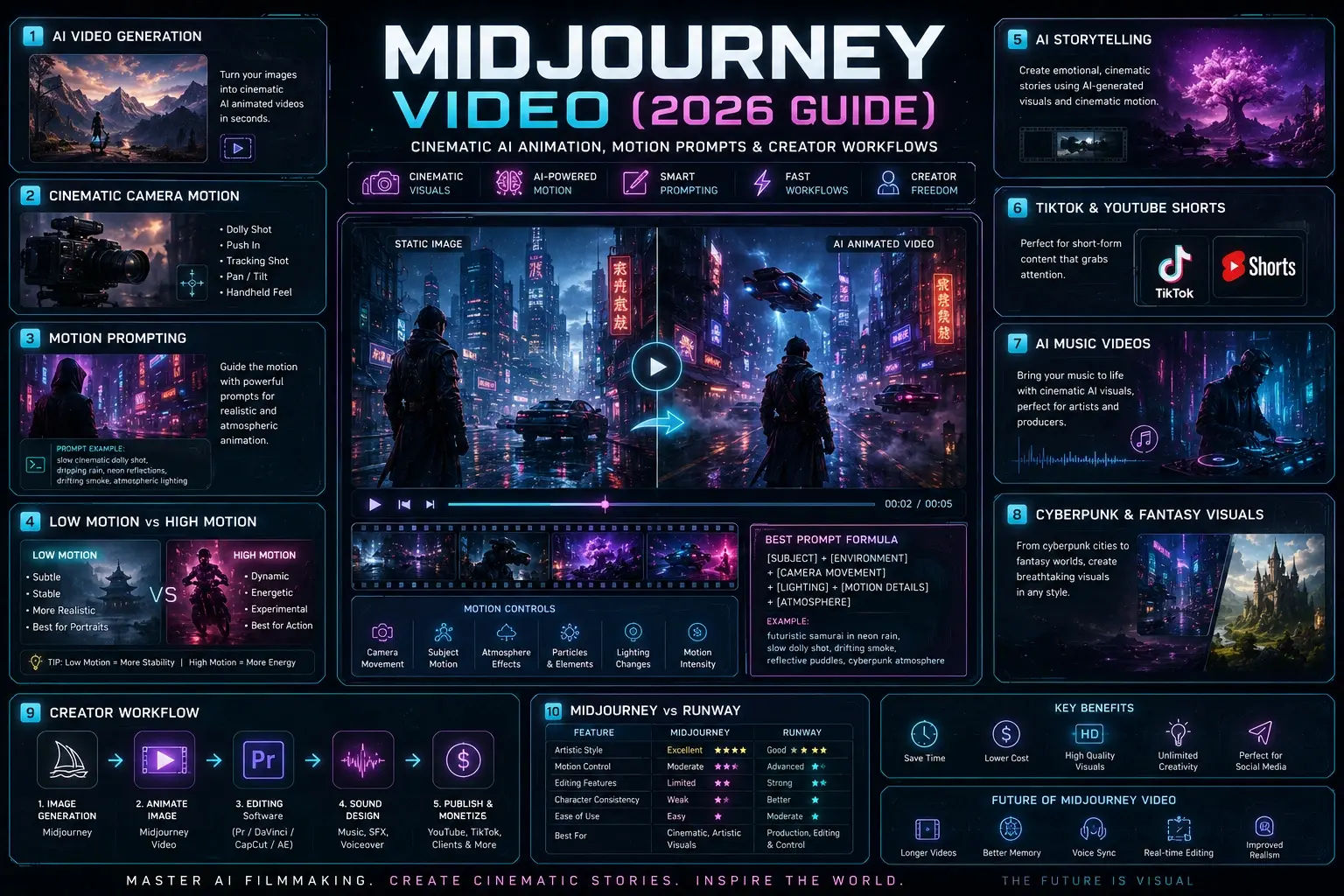 Midjourney Video 2026 cinematic AI animation infographic showing motion prompting, AI filmmaking workflows, camera movement, and creator tools