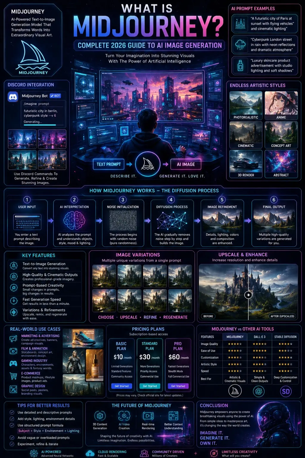 Futuristic Midjourney AI infographic showing text-to-image generation, prompt workflows, cinematic AI artwork, Discord integration, pricing plans, and creative use cases in 2026.