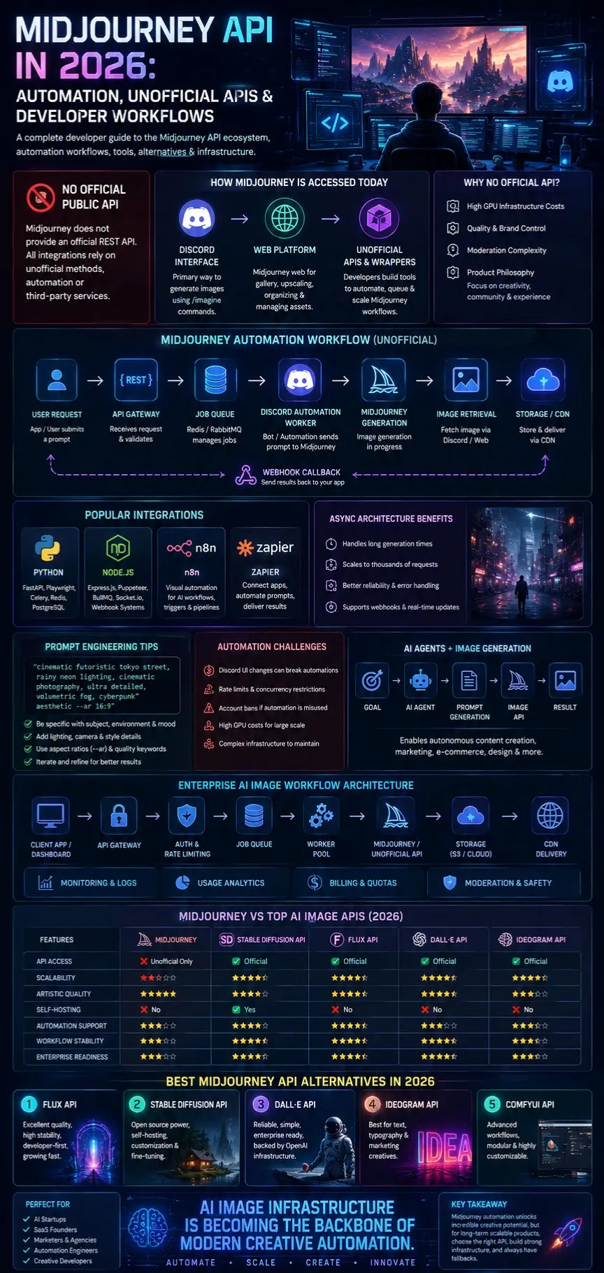 Infographic explaining the Midjourney API ecosystem in 2026, including unofficial APIs, Discord automation, AI image workflows, developer integrations, queue systems, prompt engineering, and alternatives like Stable Diffusion and Flux.