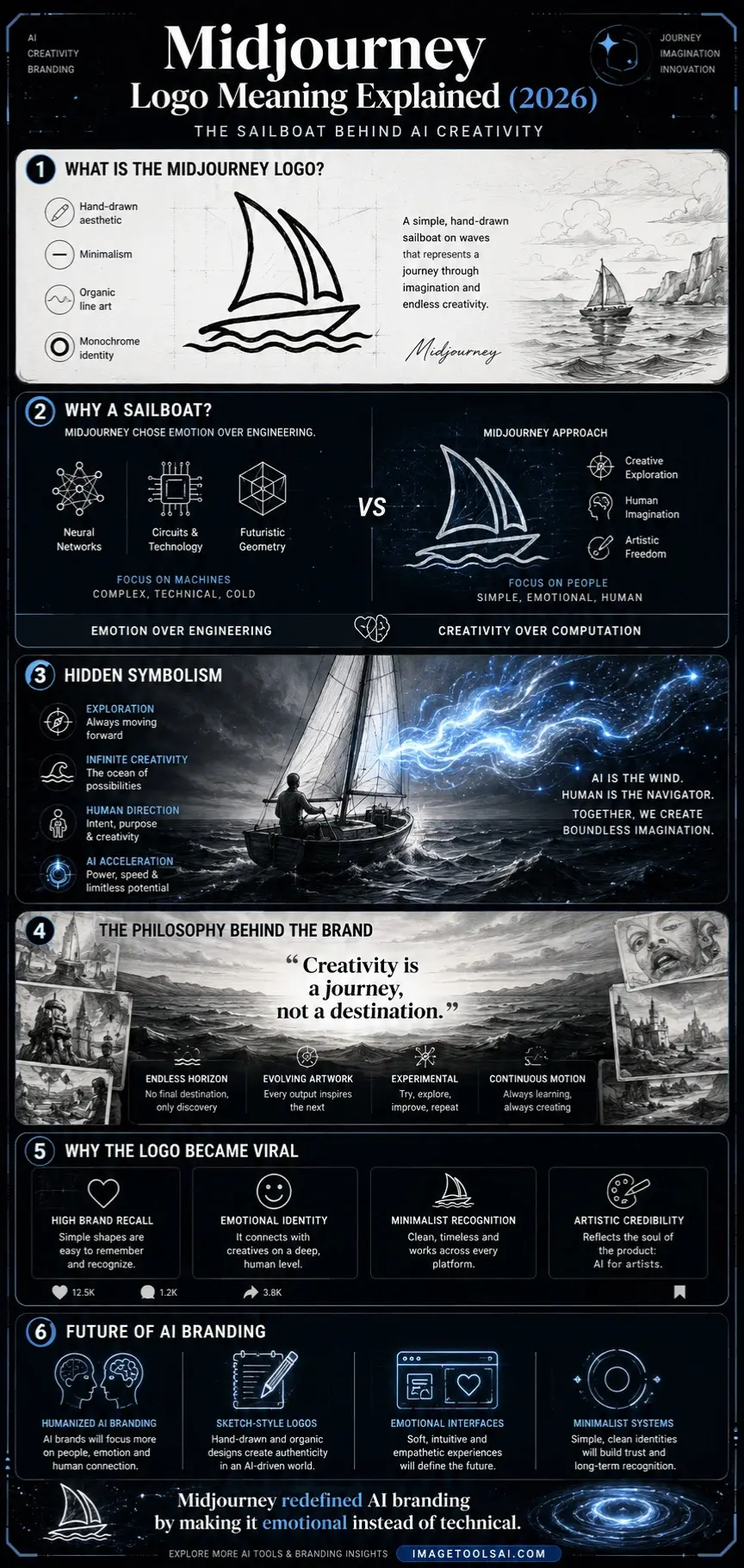 Minimalist infographic explaining the Midjourney logo meaning, sailboat symbolism, AI branding philosophy, and creative identity design trends in 2026.