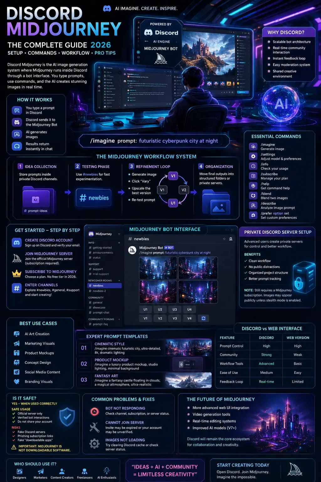 Discord Midjourney 2026 infographic showing AI image generation workflow, Discord bot commands, creative channels, and futuristic prompt engineering system.