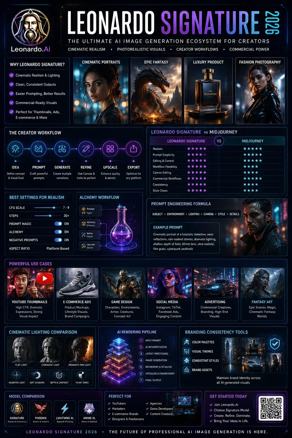  Leonardo Signature 2026 infographic showing AI image generation workflows, cinematic realism, prompt settings, creator tools, and commercial design features.