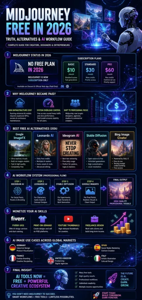 Alt Text 
Infographic showing Midjourney 2026 pricing status, top free AI image generator alternatives like Google ImageFX, Leonardo AI, Ideogram AI, Stable Diffusion, and a step-by-step AI workflow for creating and monetizing digital art.
