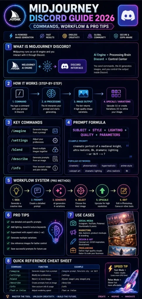 Midjourney Discord guide 2026 infographic showing commands, workflow steps, prompt formula, and AI image generation tips for creators and marketers