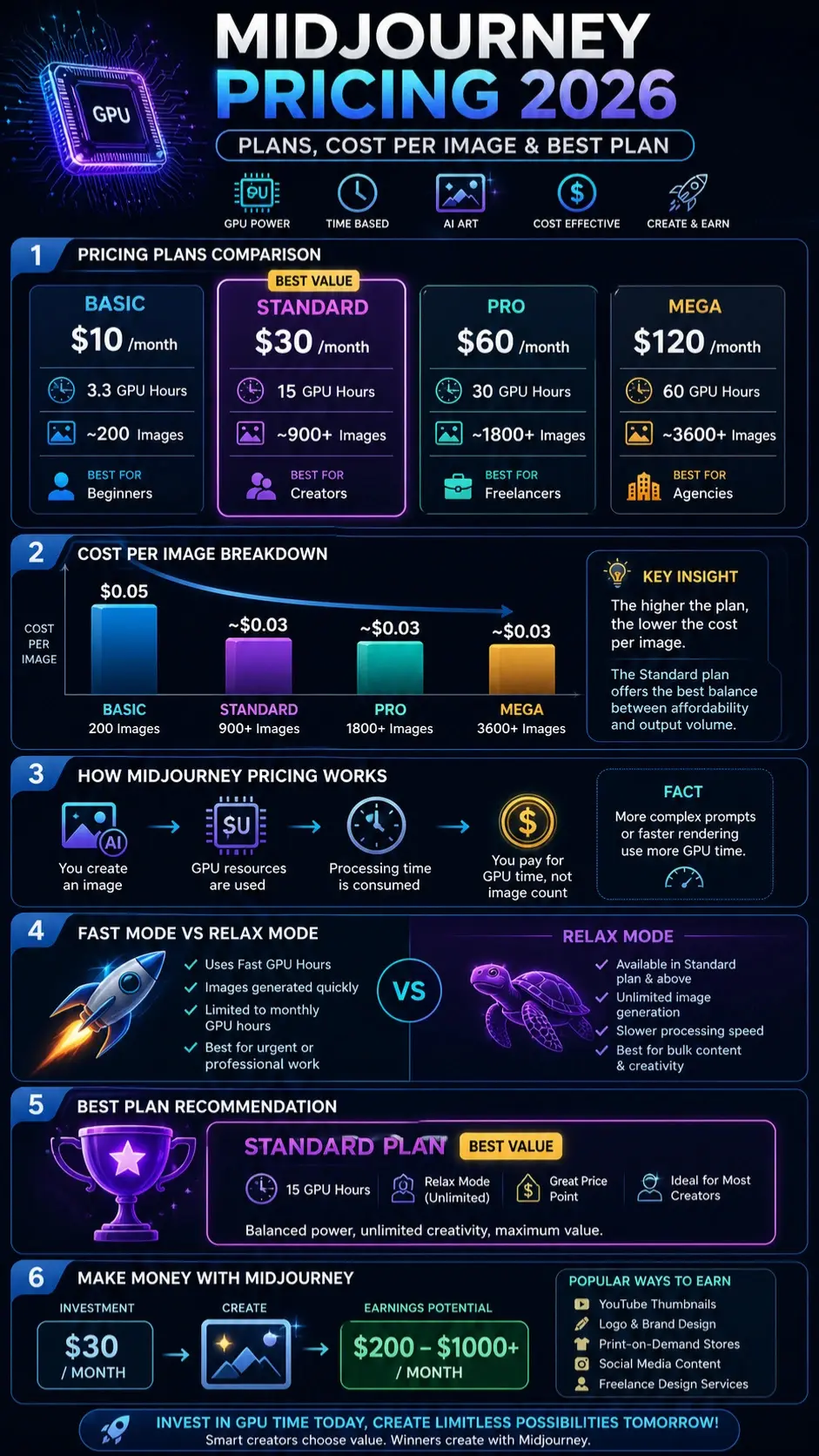  Midjourney pricing 2026 infographic showing plans, GPU hours, cost per image, and best subscription comparison
