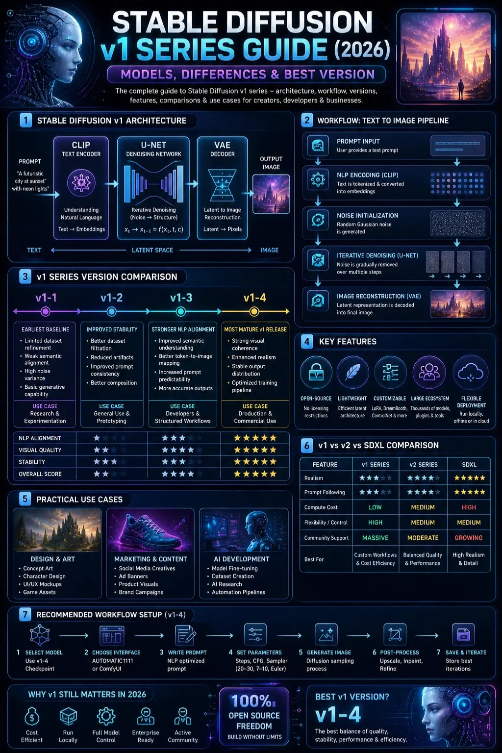 Stable Diffusion v1 Series infographic showing architecture, workflow pipeline, version differences, and comparison with SDXL and v2 in a futuristic AI design layout.