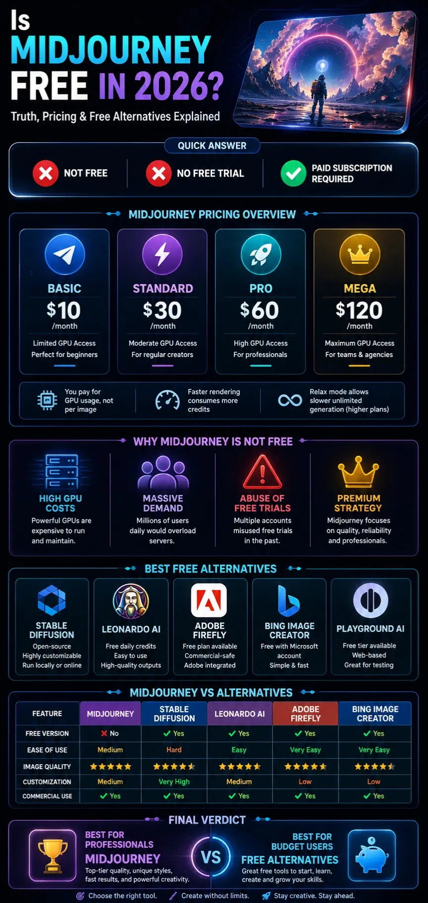 Is Midjourney free in 2026 infographic showing pricing plans, no free trial status, and the best free alternatives like Stable Diffusion, Leonardo AI, and Bing Image Creator