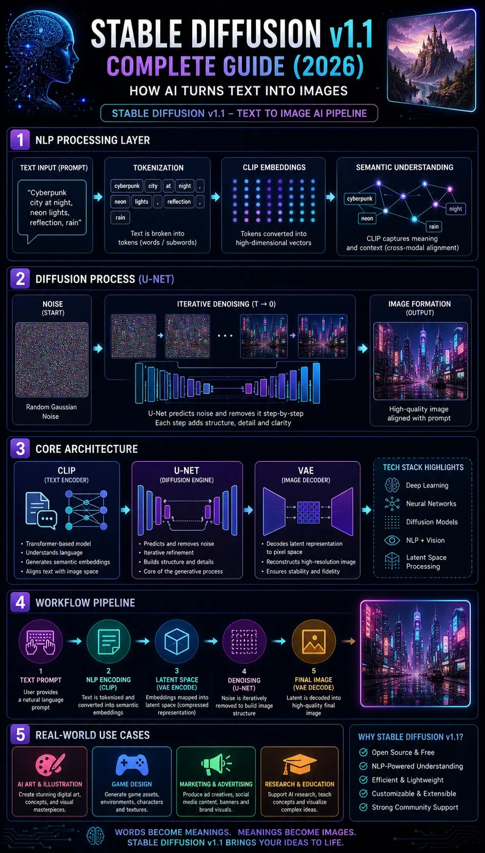 Stable Diffusion v1.1 infographic showing how AI converts text prompts into images using NLP, CLIP encoding, U-Net diffusion process, and VAE decoding in a step-by-step architecture workflow.