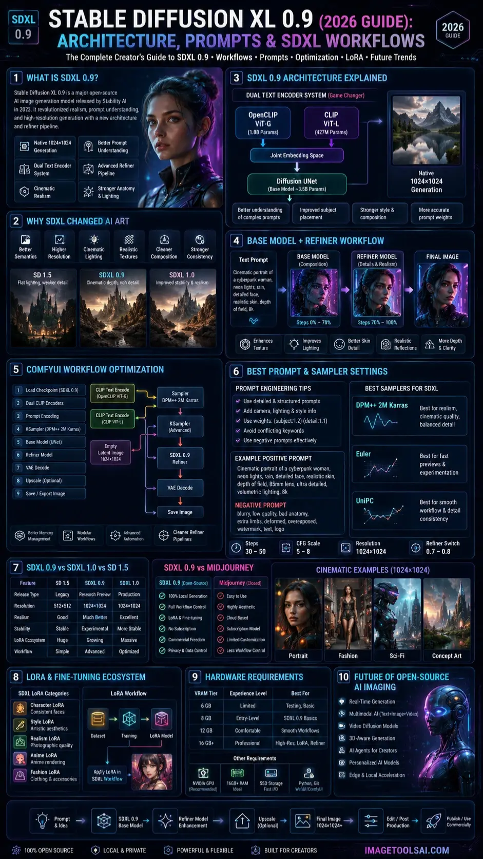 Stable Diffusion XL 0.9 infographic showing SDXL architecture, refiner workflows, ComfyUI pipelines, prompts, samplers, LoRA training, and AI image generation workflows in 2026.