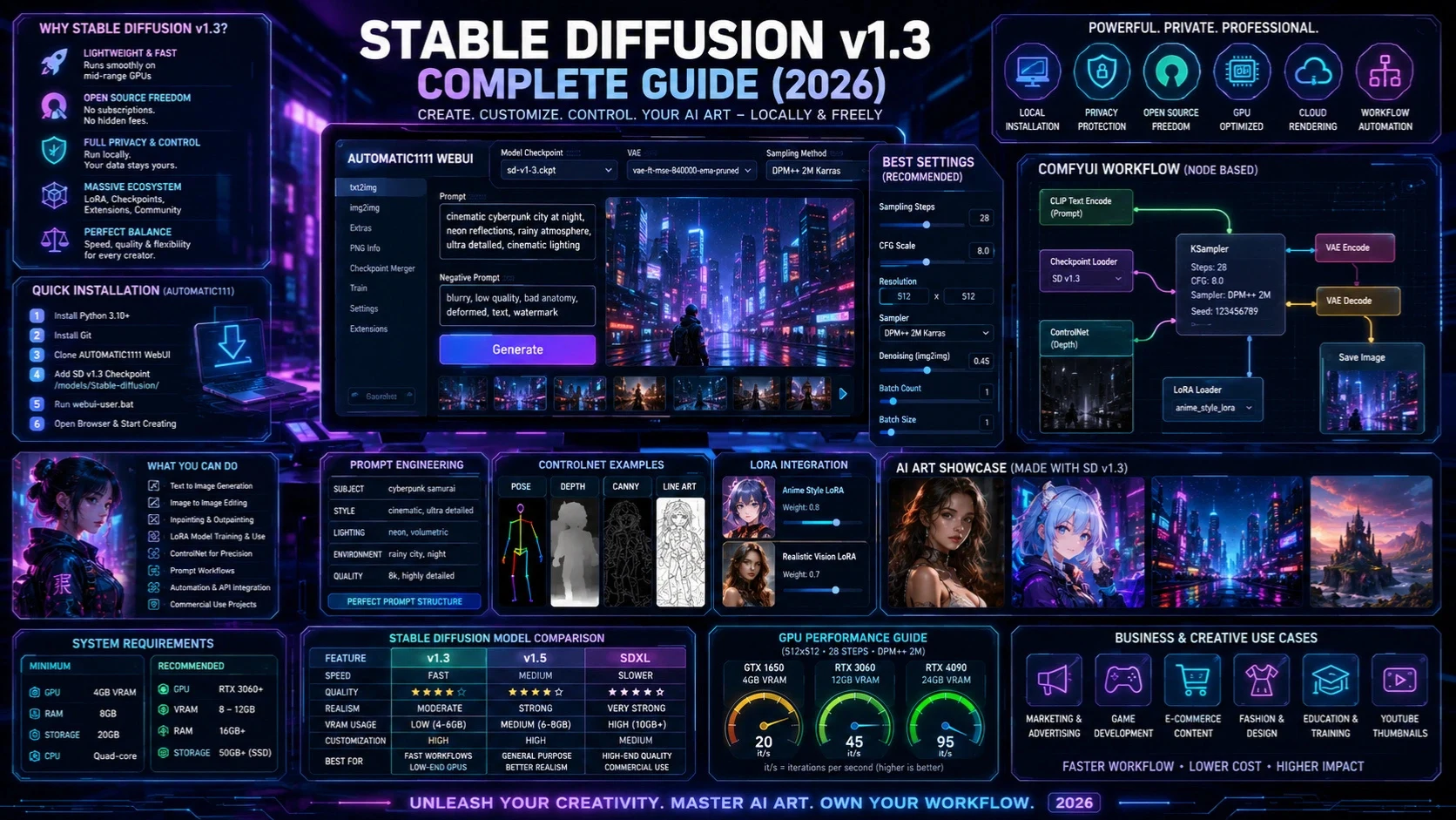 Futuristic infographic showing Stable Diffusion v1.3 AI art workflows, prompt engineering, ControlNet, LoRA models, AUTOMATIC1111 WebUI, ComfyUI, and AI image generation setup in 2026. 