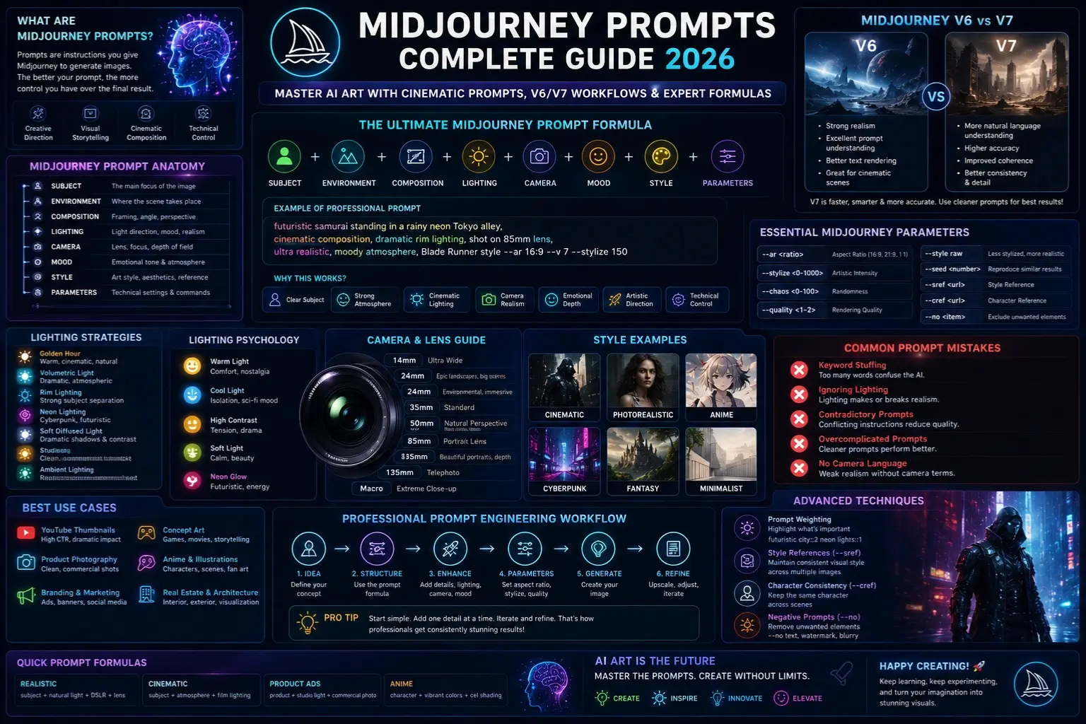 Midjourney prompts infographic showing AI art prompt formulas, cinematic lighting techniques, V6 vs V7 workflows, and professional prompt engineering structure for 2026.