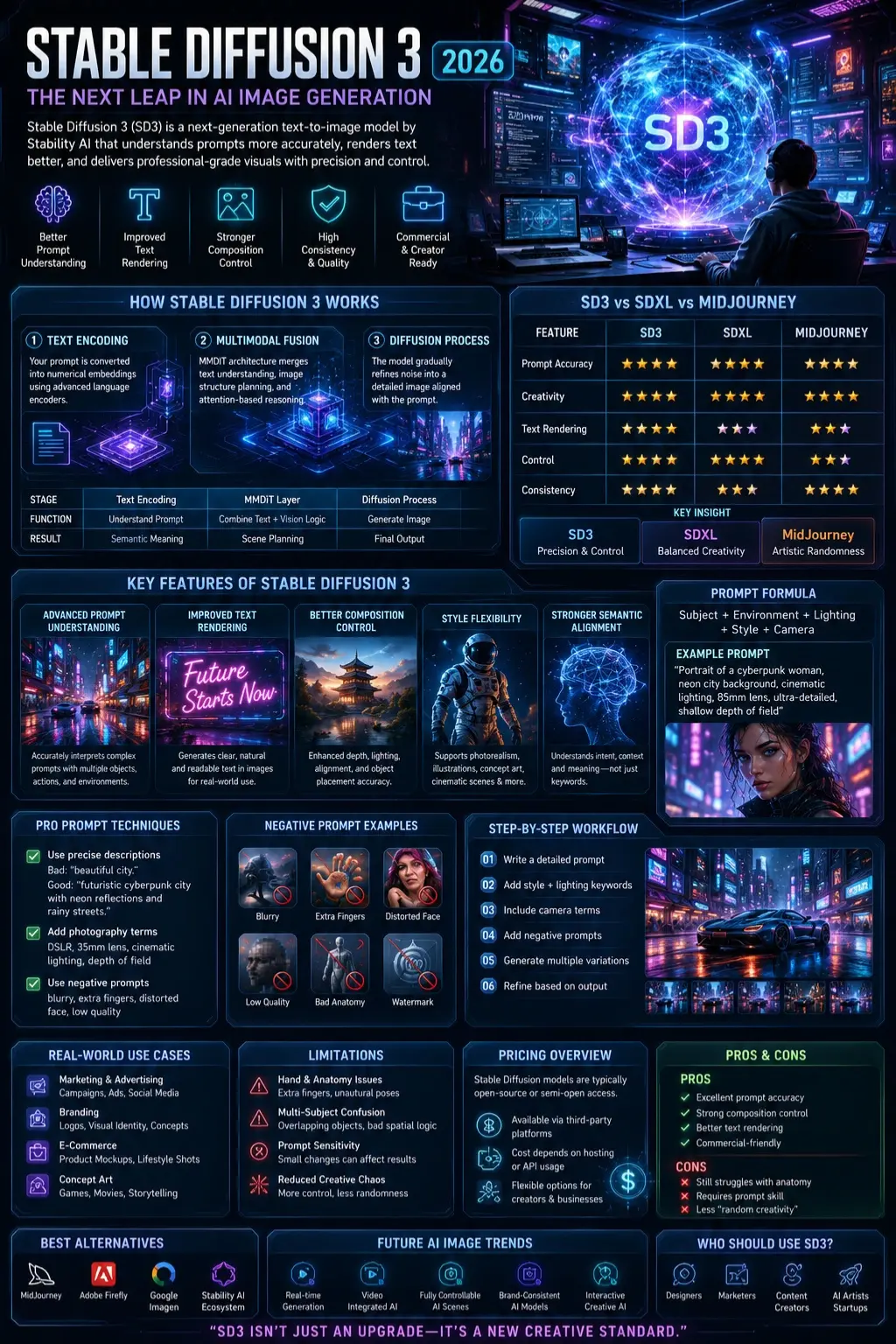 Futuristic Stable Diffusion 3 infographic showing AI image generation workflows, SD3 vs SDXL comparison, prompt engineering, and creative AI design systems.