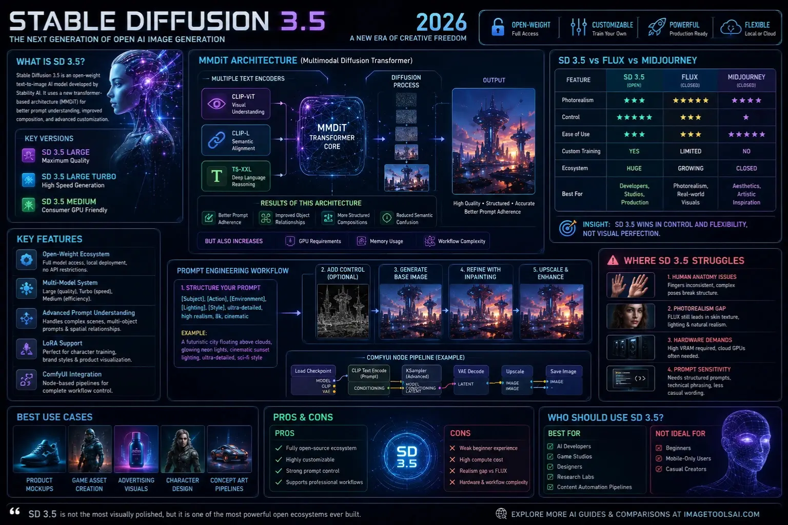 Futuristic infographic explaining Stable Diffusion 3.5 architecture, MMDiT workflow, prompt engineering, and comparisons with FLUX and Midjourney in 2026.