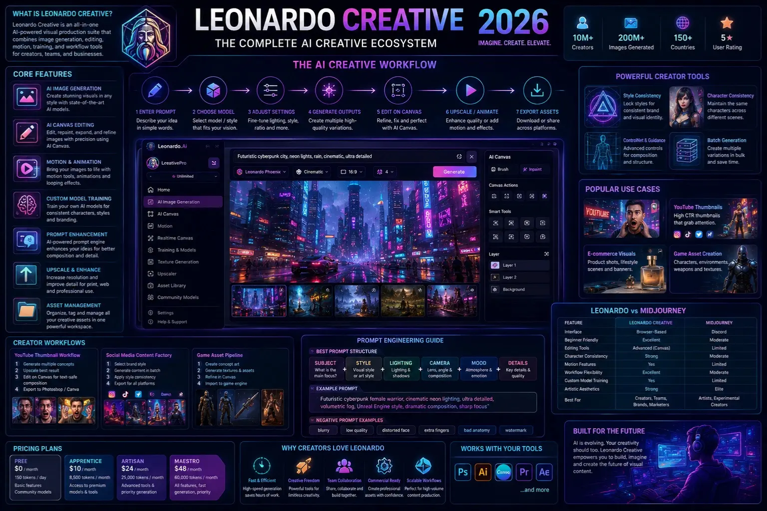 Leonardo Creative 2026 AI workflow infographic showing image generation, Canvas editing, motion tools, prompt engineering, branding workflows, and creator production systems.