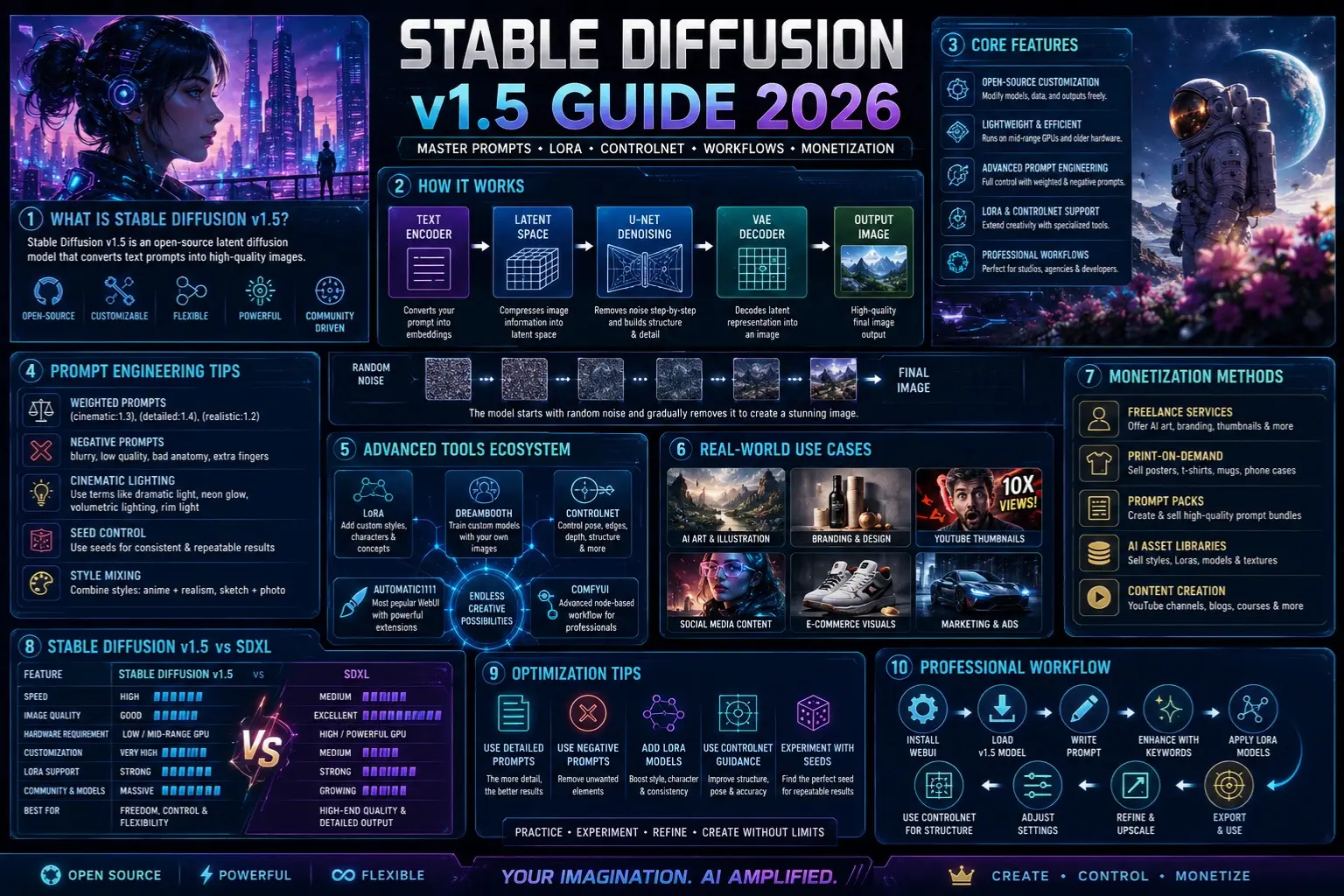 Alt Text
Futuristic infographic explaining Stable Diffusion v1.5 in 2026, including prompt engineering, LoRA, ControlNet, workflows, monetization, and AI image generation tools.
