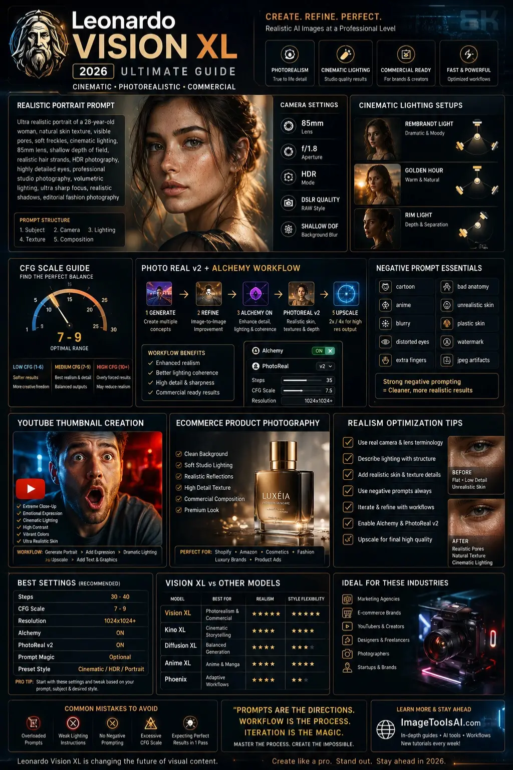 Leonardo Vision XL 2026 infographic showing realistic AI prompts, cinematic lighting workflows, PhotoReal v2 settings, ecommerce photography, and professional photoreal AI generation techniques.