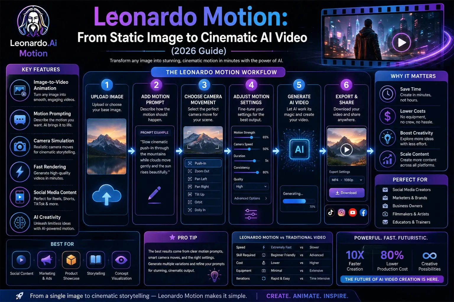 Leonardo Motion infographic showing the complete AI image-to-video workflow, motion prompts, camera movements, settings, and video generation process in 2026.