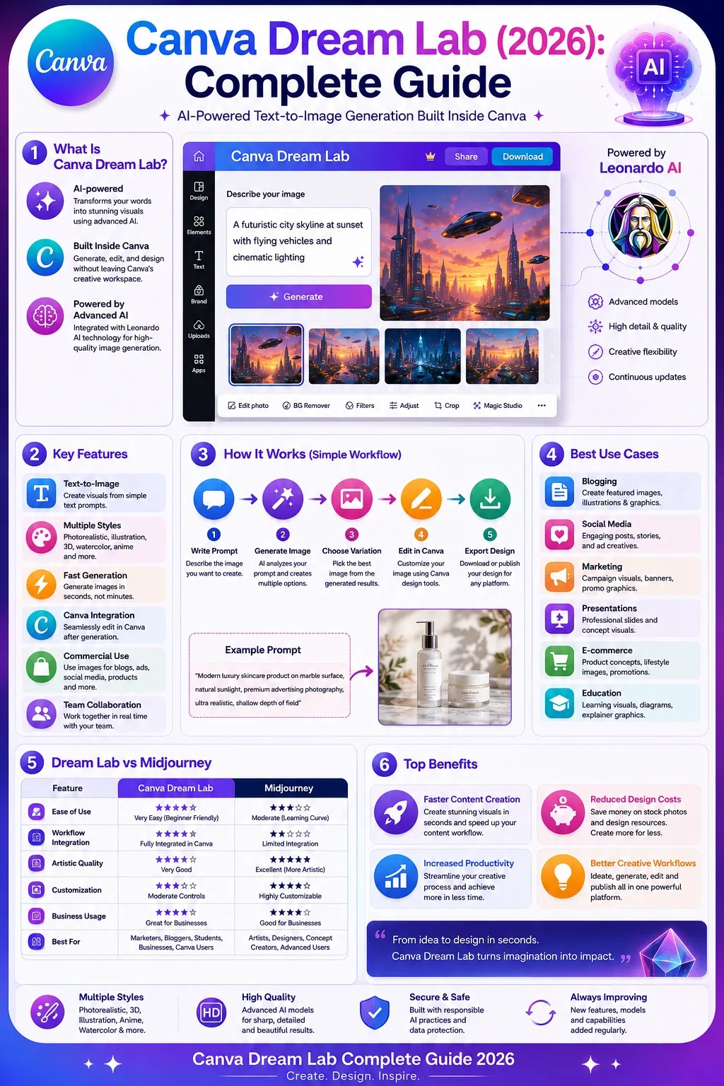 "Canva Dream Lab infographic showing AI image generation workflow, Leonardo AI integration, key features, pricing insights, use cases, and Canva design tools in 2026."