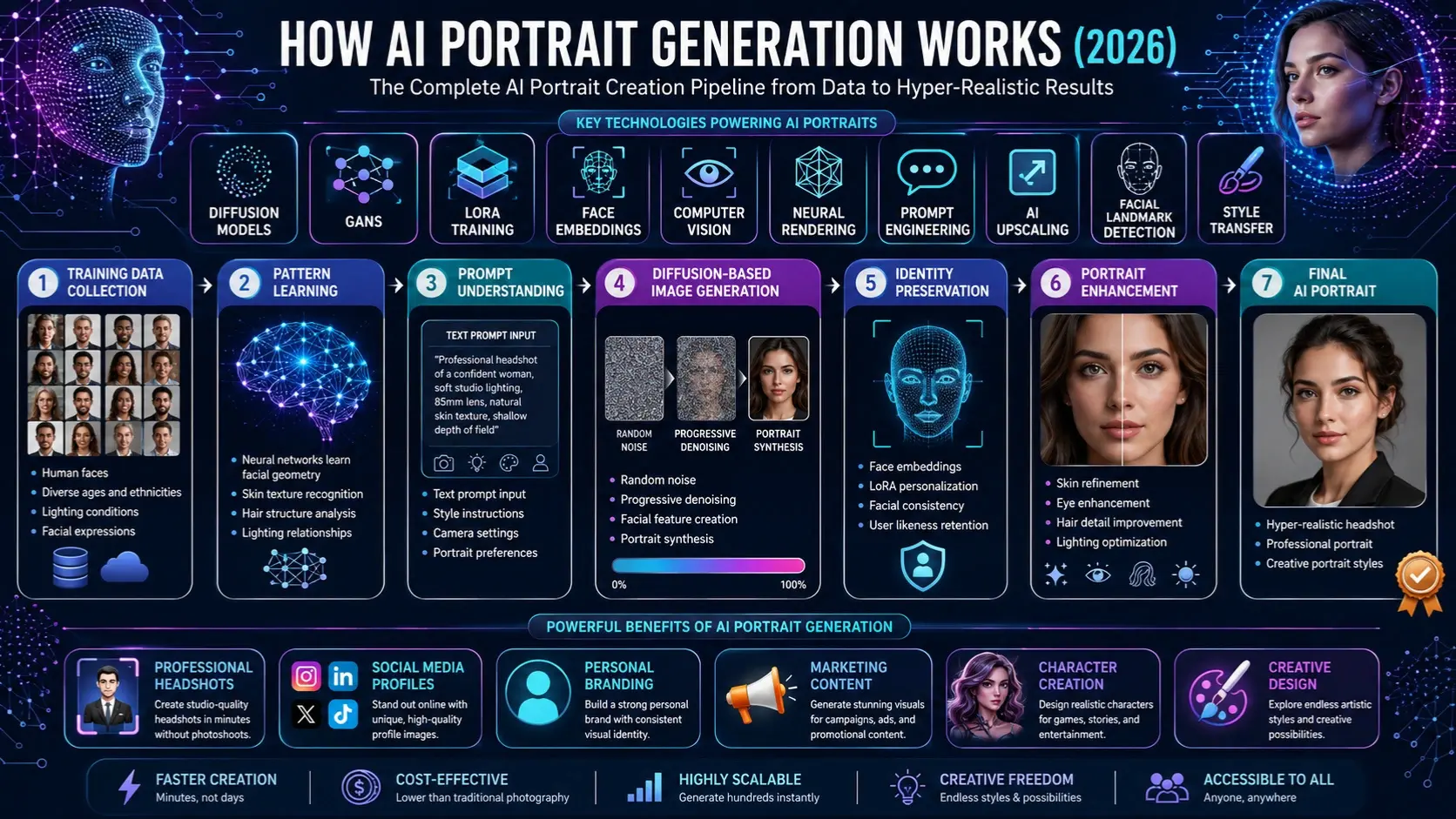 AI Portrait Generation infographic showing how diffusion models, LoRA training, face embeddings, and neural networks create hyper-realistic AI portraits and professional headshots.