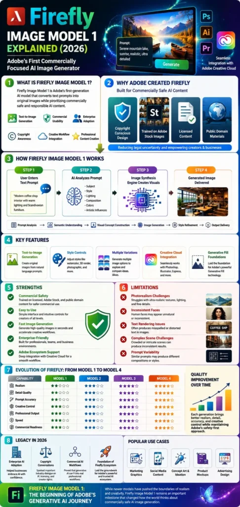 Firefly Image Model 1 infographic showing Adobe's first AI image generator, commercial safety features, workflow, strengths, limitations, and evolution from Model 1 to Model 4.