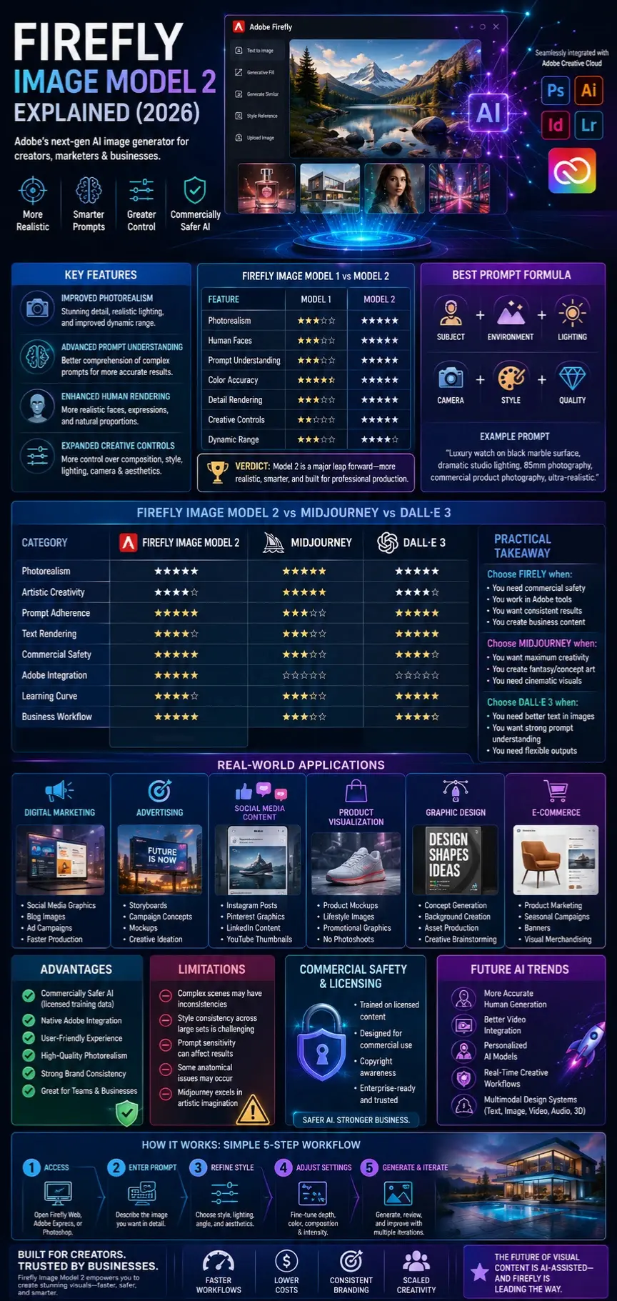 Firefly Image Model 2 infographic showing features, prompt engineering tips, comparisons with Midjourney and DALL·E 3, commercial safety, Adobe integration, advantages, limitations, and real-world applications.