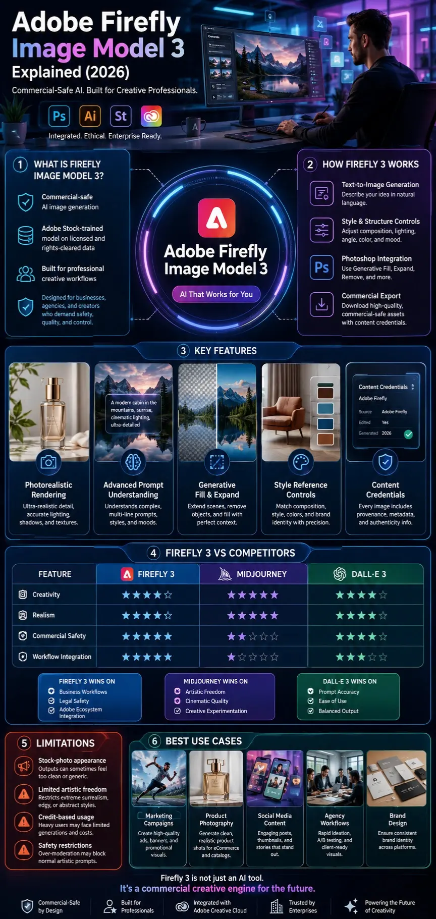 Adobe Firefly Image Model 3 infographic showing AI image generation workflow, key features, prompt controls, Photoshop integration, business use cases, limitations, and comparison with Midjourney and DALL·E 3.