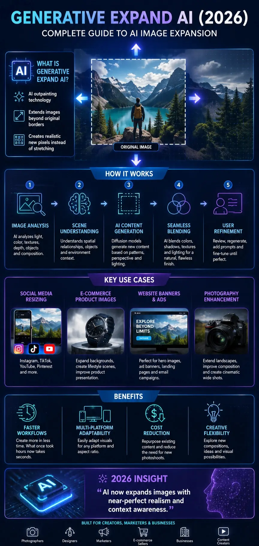 Generative Expand AI 2026 infographic showing how AI outpainting extends images beyond borders, explaining workflow, use cases, and benefits for designers and marketers.
