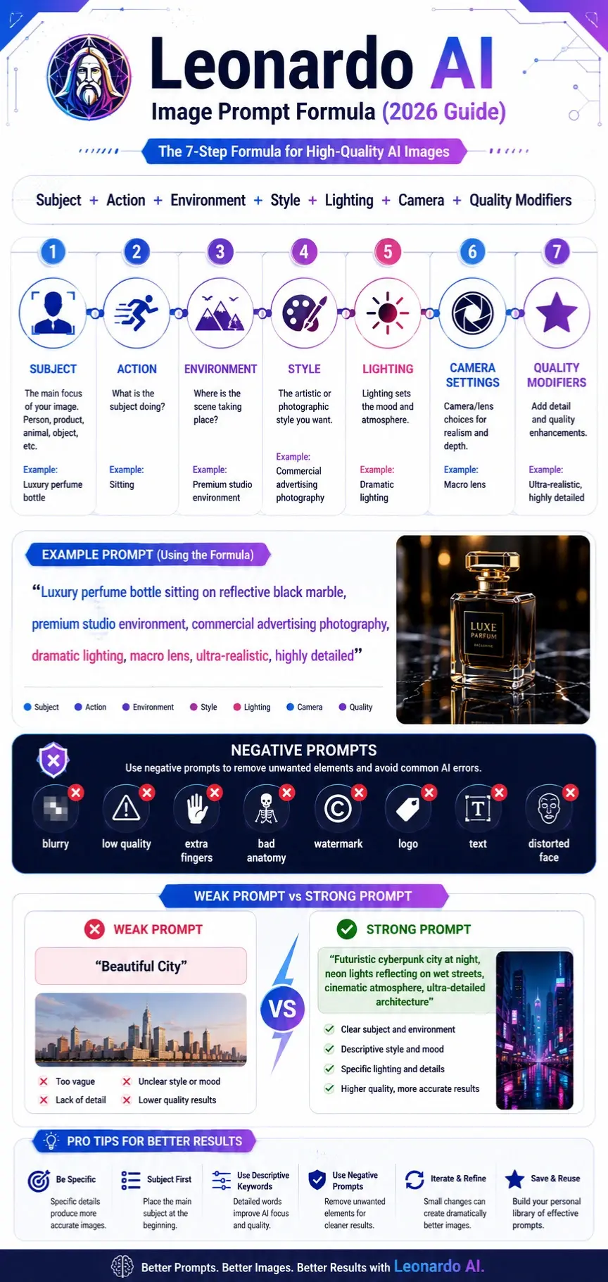 Leonardo AI image prompt formula infographic showing subject, action, environment, style, lighting, camera settings, quality modifiers, and negative prompts for creating high-quality AI-generated images.