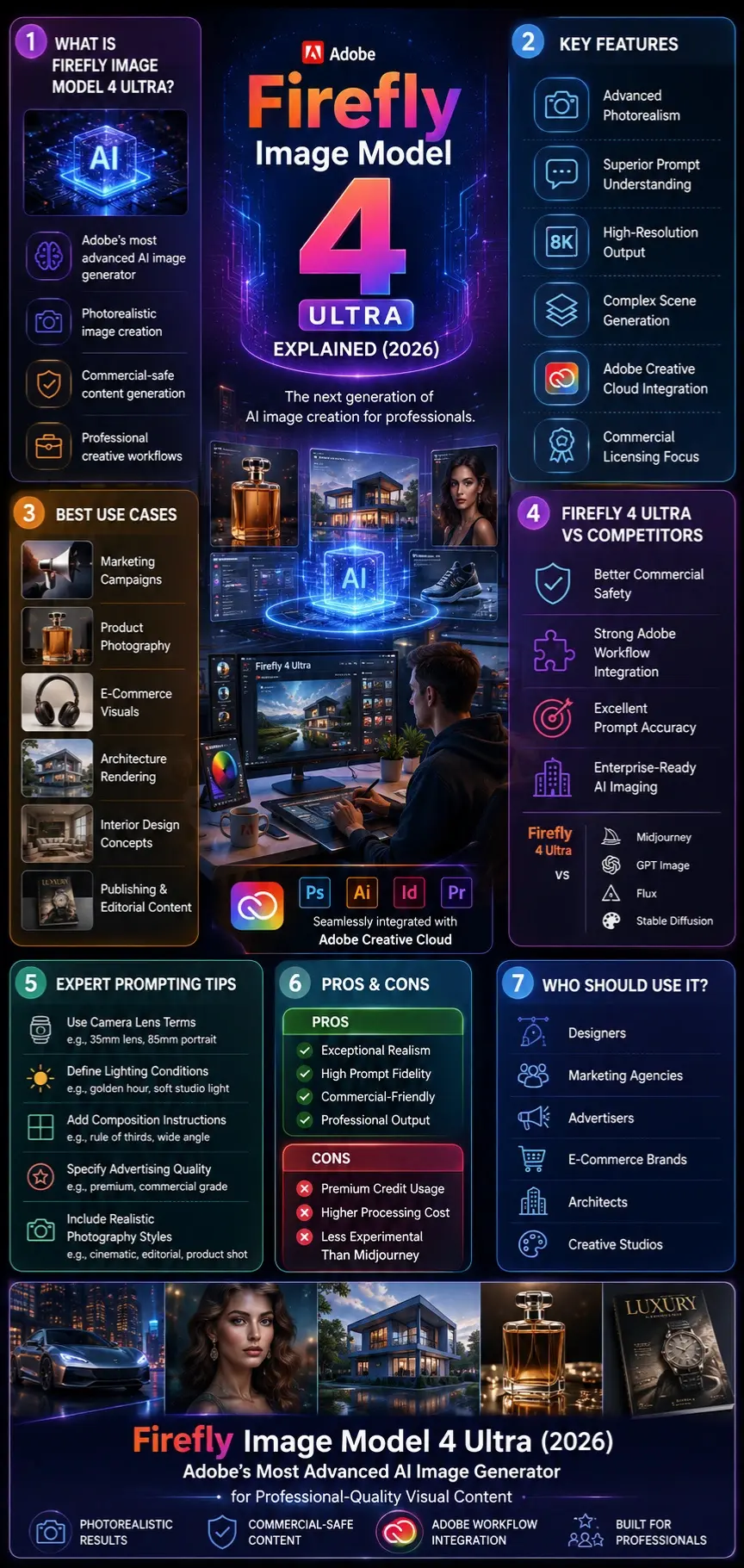  Firefly Image Model 4 Ultra infographic showing features, prompt guide, Adobe integration, commercial use cases, comparisons, and professional AI image generation workflows in 2026.