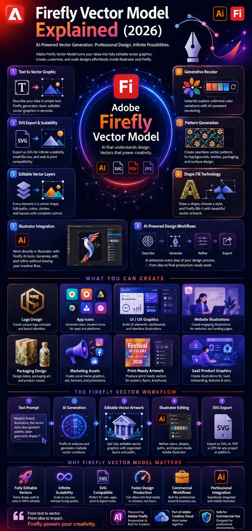 Firefly Vector Model infographic showing AI vector generation, SVG workflows, Illustrator integration, editable graphics, logos, icons, patterns, and professional design features in 2026.