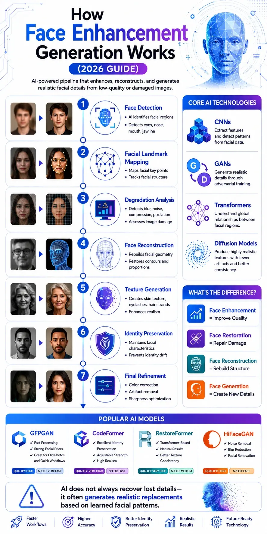 Face Enhancement Generation workflow infographic showing AI face detection, facial landmark mapping, reconstruction, texture generation, identity preservation, and restoration technologies including GANs, transformers, and diffusion models.